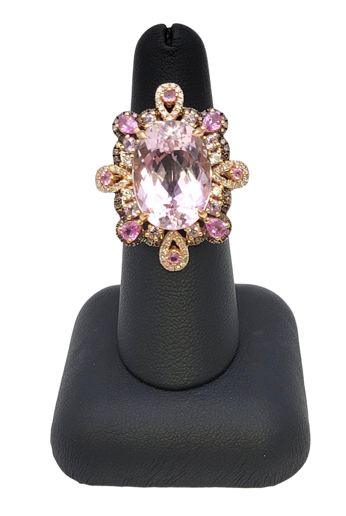 Rare Pink Topaz Cocktail Ring with Diamonds and Sapphires 18 Karat Rose Gold For Sale 8
