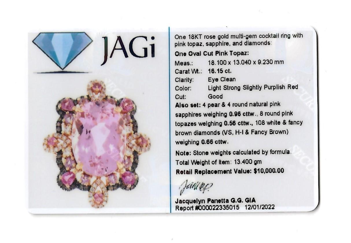 Rare Pink Topaz Cocktail Ring with Diamonds and Sapphires 18 Karat Rose Gold For Sale 11