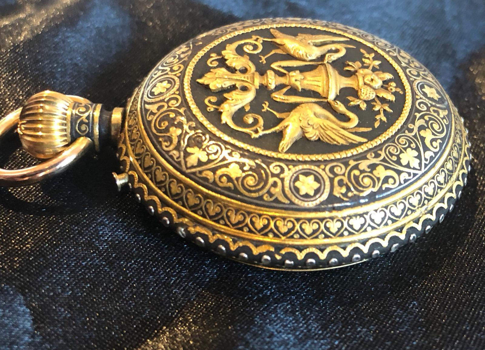 19th Century Rare Placido Zuloaga Spanish Damascened Gold and Steel Pocket Watch