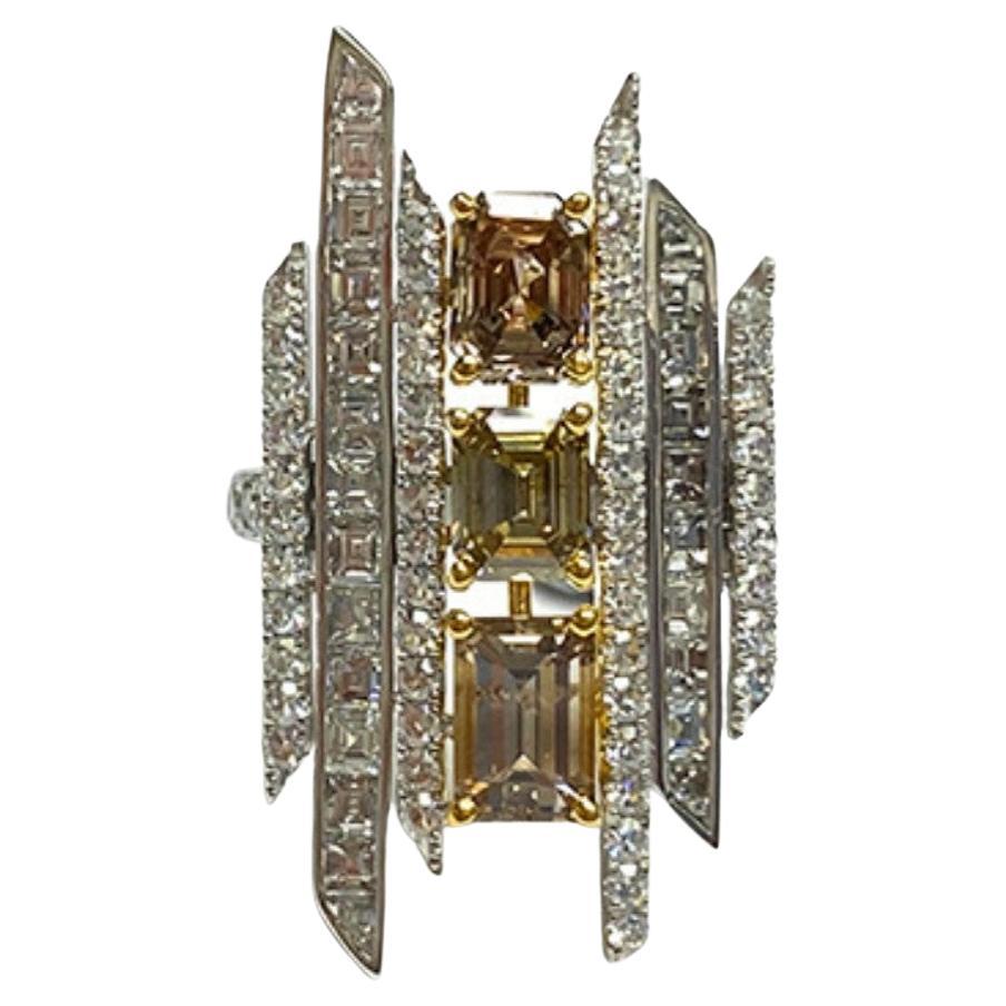  Rare Platinum and 18KT Gold Glittering 5CT Fancy Cognac Diamond Deco Style Ring For Sale