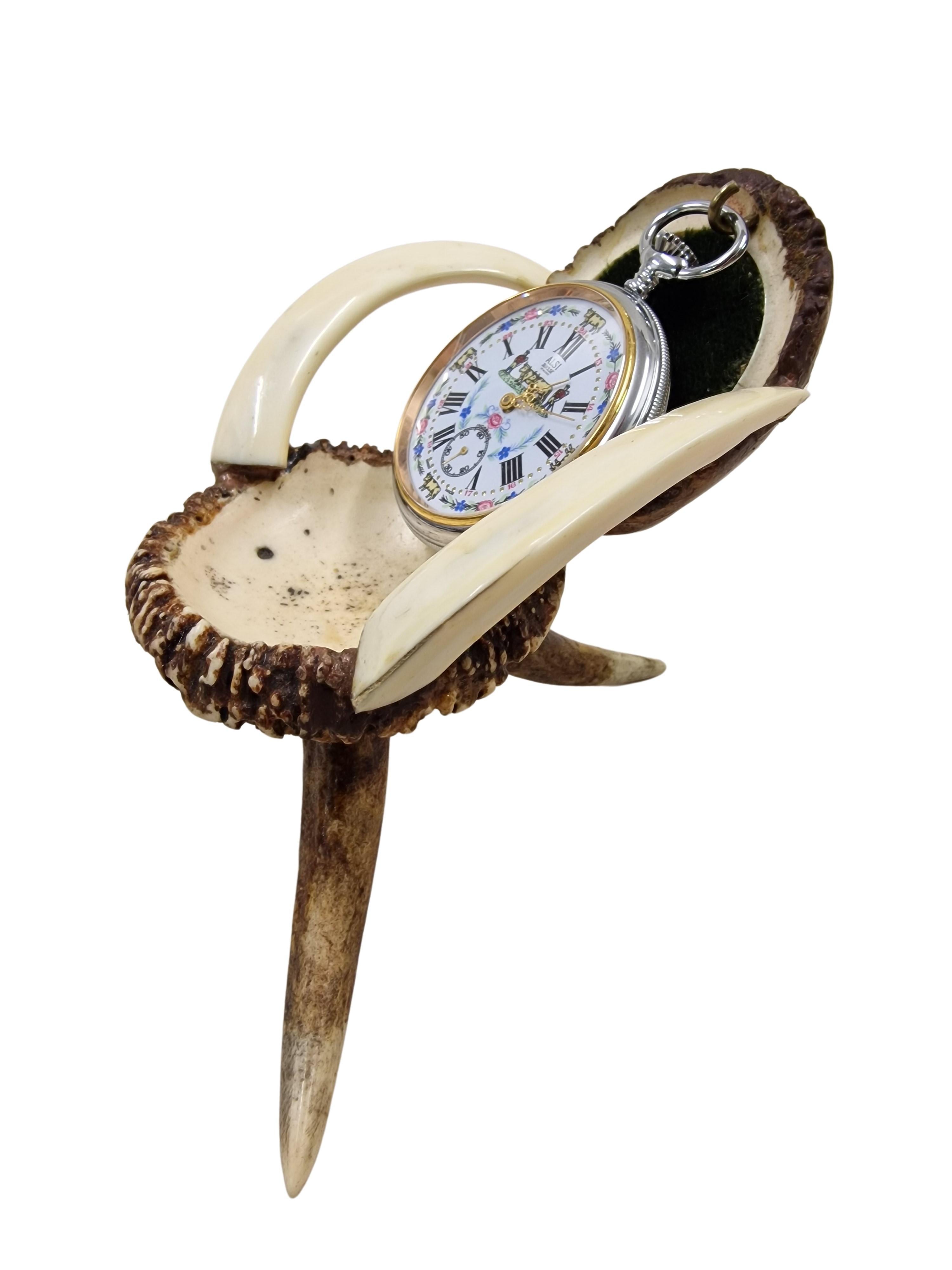 Rare pocket watch stand, miniature armchair, antler boar thooth, 1900, Tramp Art 2