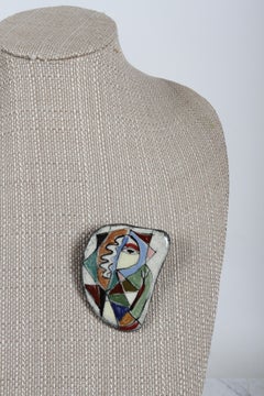 Seltene Polia Pillin kubistische Picasso-Esque Hand-Painted Keramik Brosche - Kunst-Schmuck