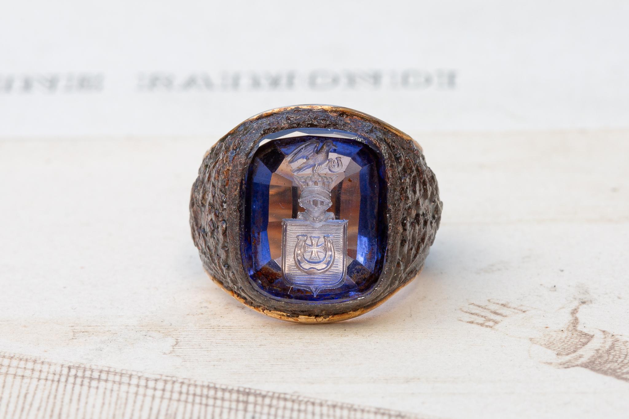 Art Deco Rare Polish Noble Sapphire, Gold and Iron Ring Jastrzębiec Szlachta