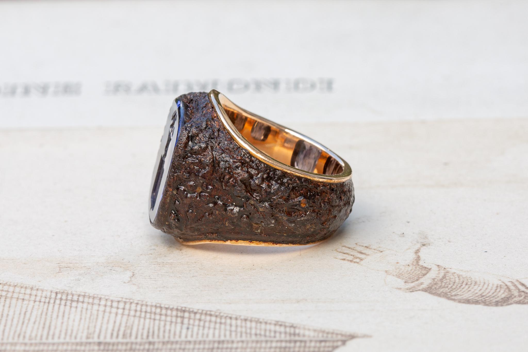 Portrait Cut Rare Polish Noble Sapphire, Gold and Iron Ring Jastrzębiec Szlachta