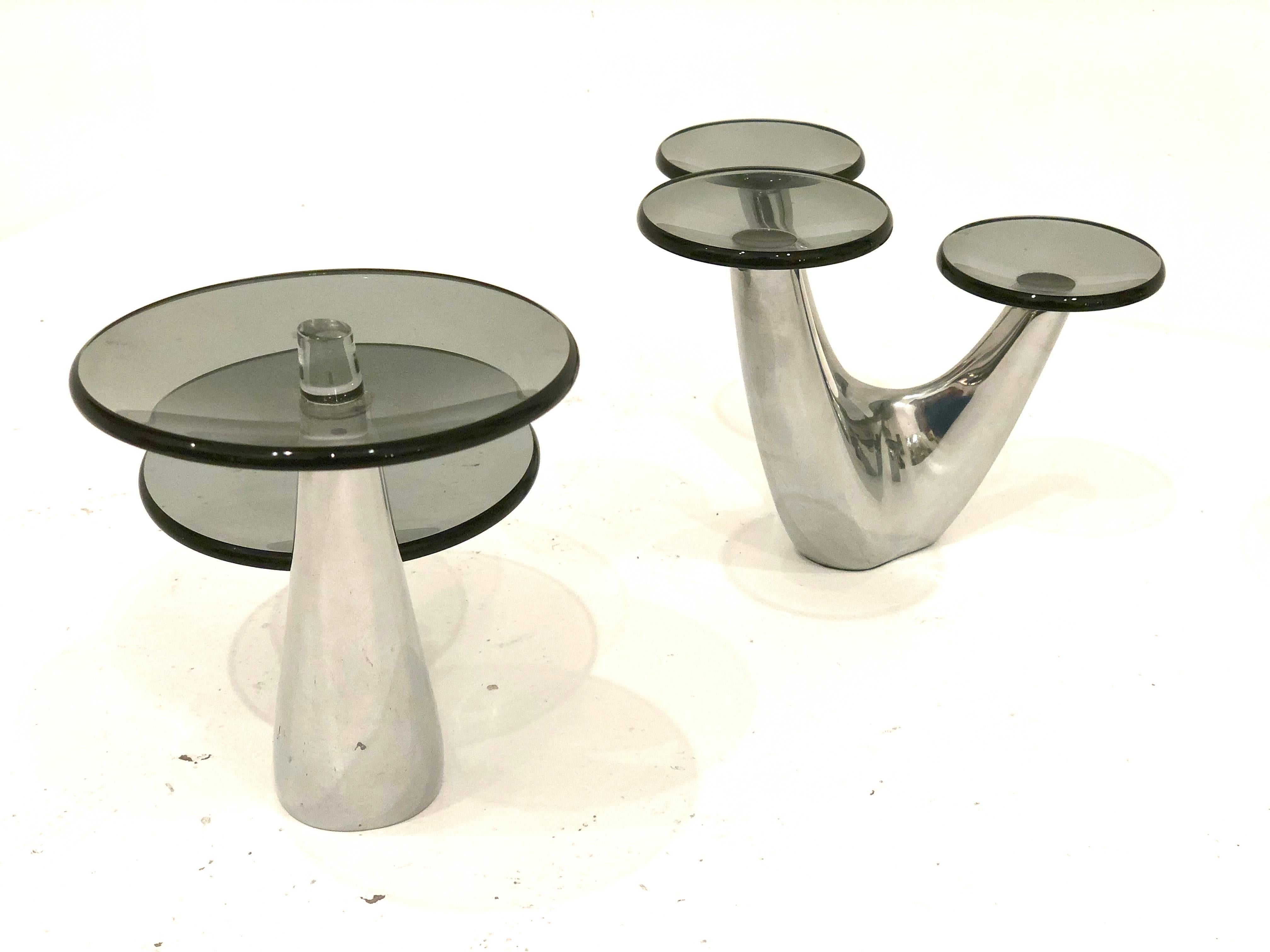 Rare Polished Aluminum & Smoke Glass 3-Piece Set Morphik Stand by Karim Rashid In Excellent Condition In San Diego, CA