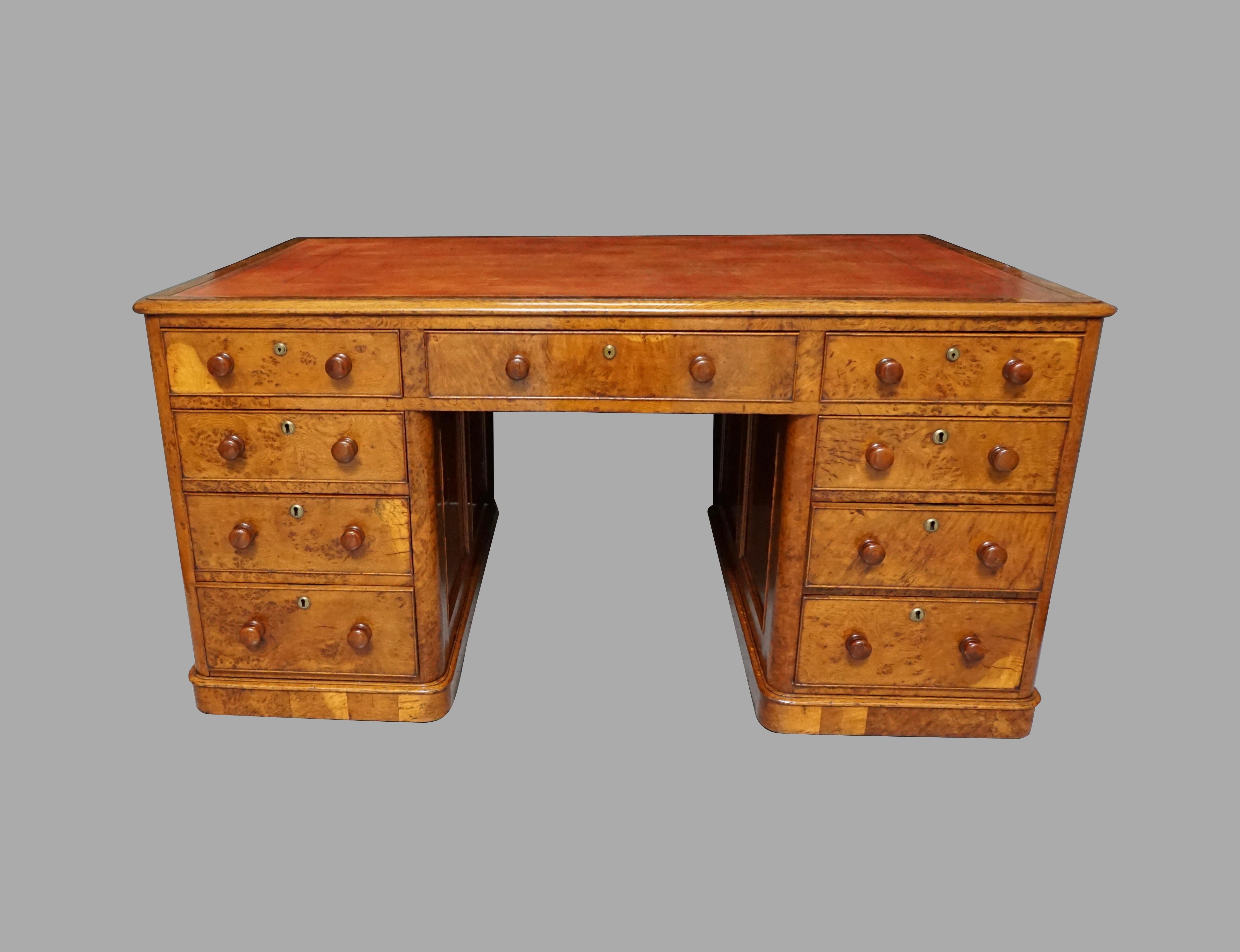 Georgian Rare Pollard Oak Partners Desk in the Manner of Gillows with Tooled Leather Top