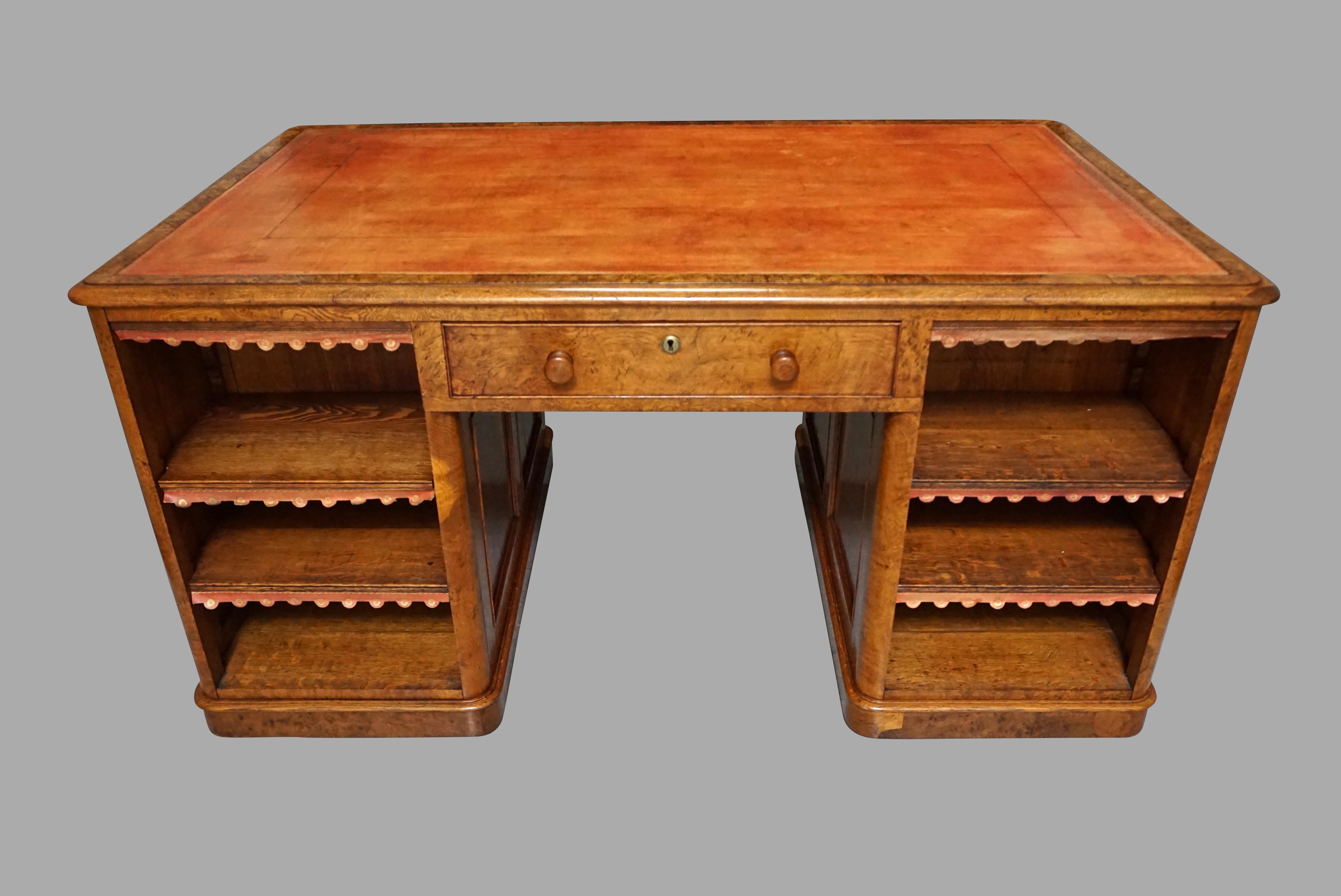 Rare Pollard Oak Partners Desk in the Manner of Gillows with Tooled Leather Top 2