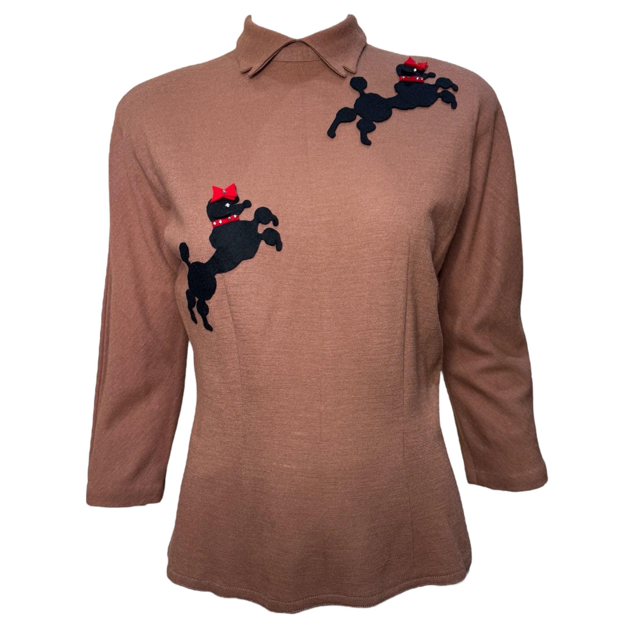 RARE Pudel-Applikation Mokkabraune Bluse mit Kragen, 1950er Jahre im Angebot