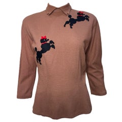 RARE Pudel-Applikation Mokkabraune Bluse mit Kragen, 1950er Jahre