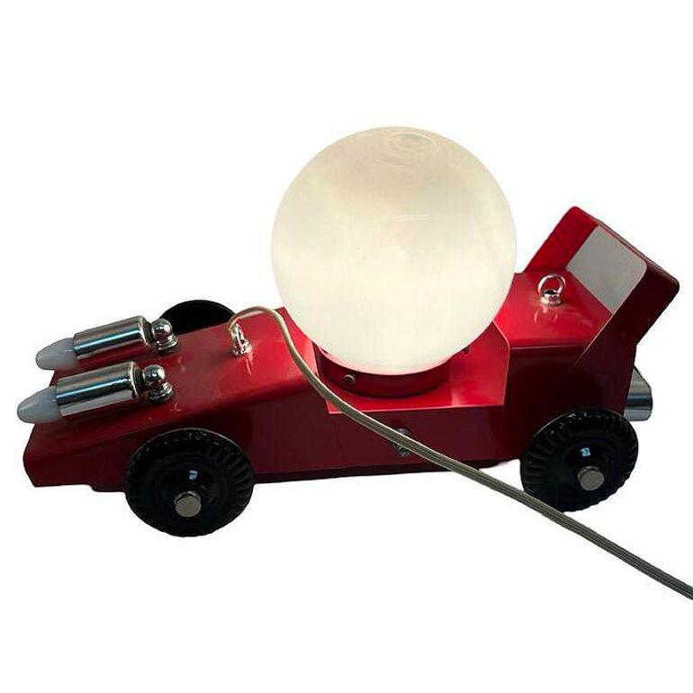 Rare Pop Art Memphis Red Metal & Chrome Car Chandelier Pendant Lamp In Excellent Condition In Van Nuys, CA