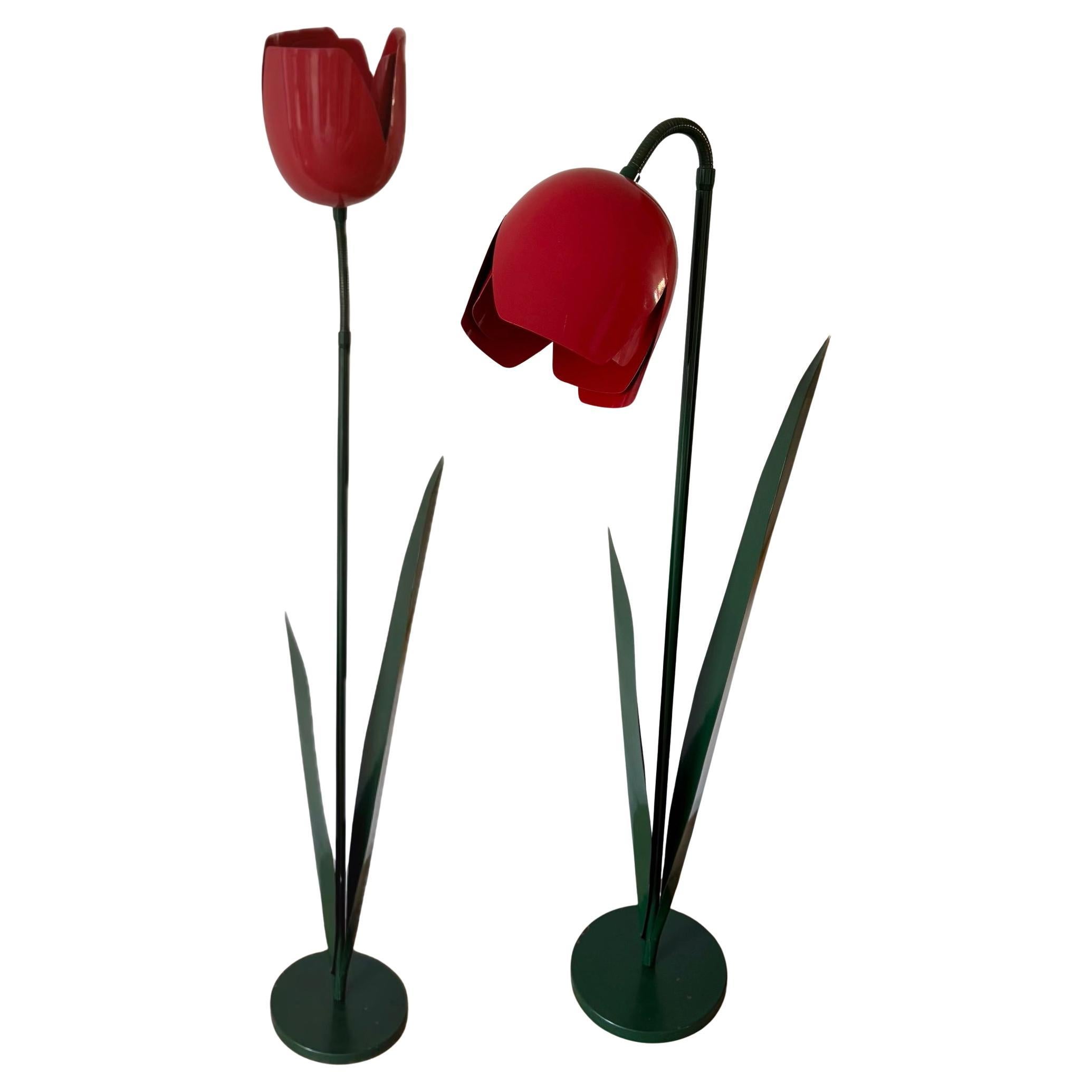 Rare Pop Art Tulip Floor Lamp in Green & Red Painted Metal by Peter Bliss 1980s