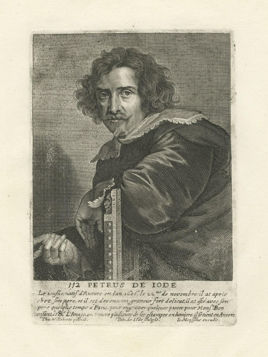 Antique print, titled: 'Petrus de Jode' - 

Portrait of Pieter de Jode II or Pieter de Jode the Younger (1606–1674), a Flemish Baroque printmaker, draughtsman, painter and art dealer. A scion of an important dynasty of printmakers active in