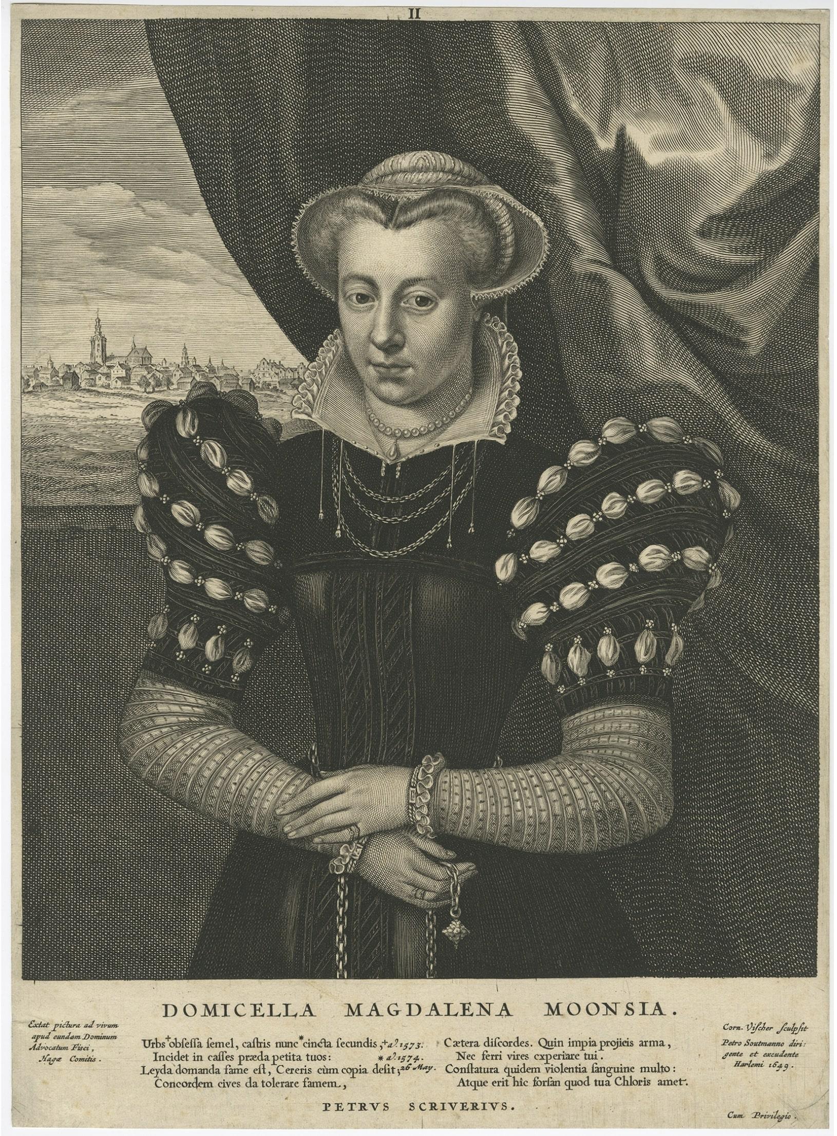 Antique print, titled: 'Domicella Magdalena Moonsia' 

Very rare half length portrait of Magdalena Moons. Magdalena Moonsia is known as the heroine of the city of Leiden (seen over her right shoulder in the back ground).This print is number 2 of a