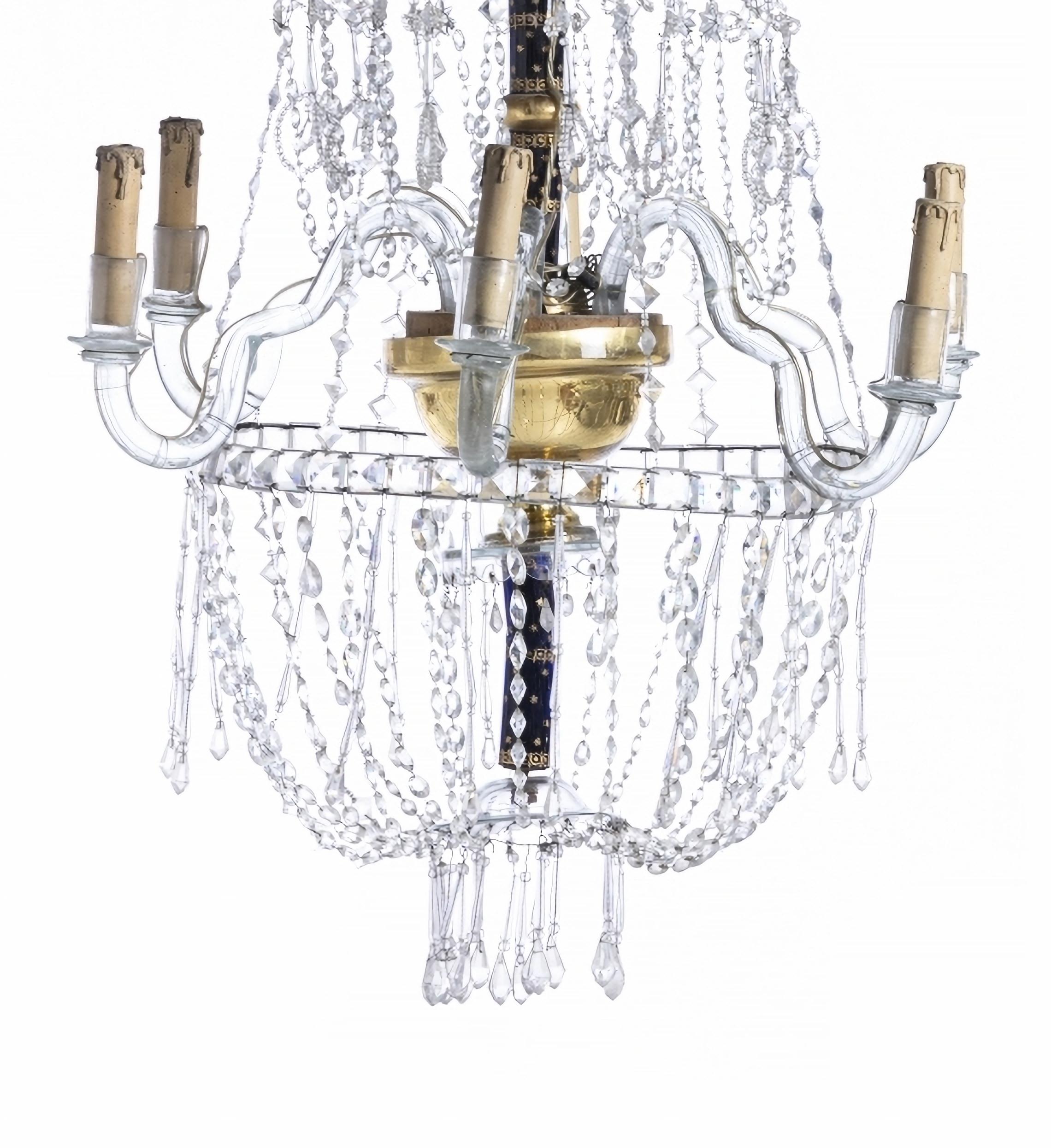 Amazing and rare pair of bag chandelier.
Lighting Category.
Portuguese 
from the end of the 18th century. 
in crystal with pendants. 
Structure in metal and glass painted in shades of blue and gold. 
Defects. Height: 126 cm.
Good condition.