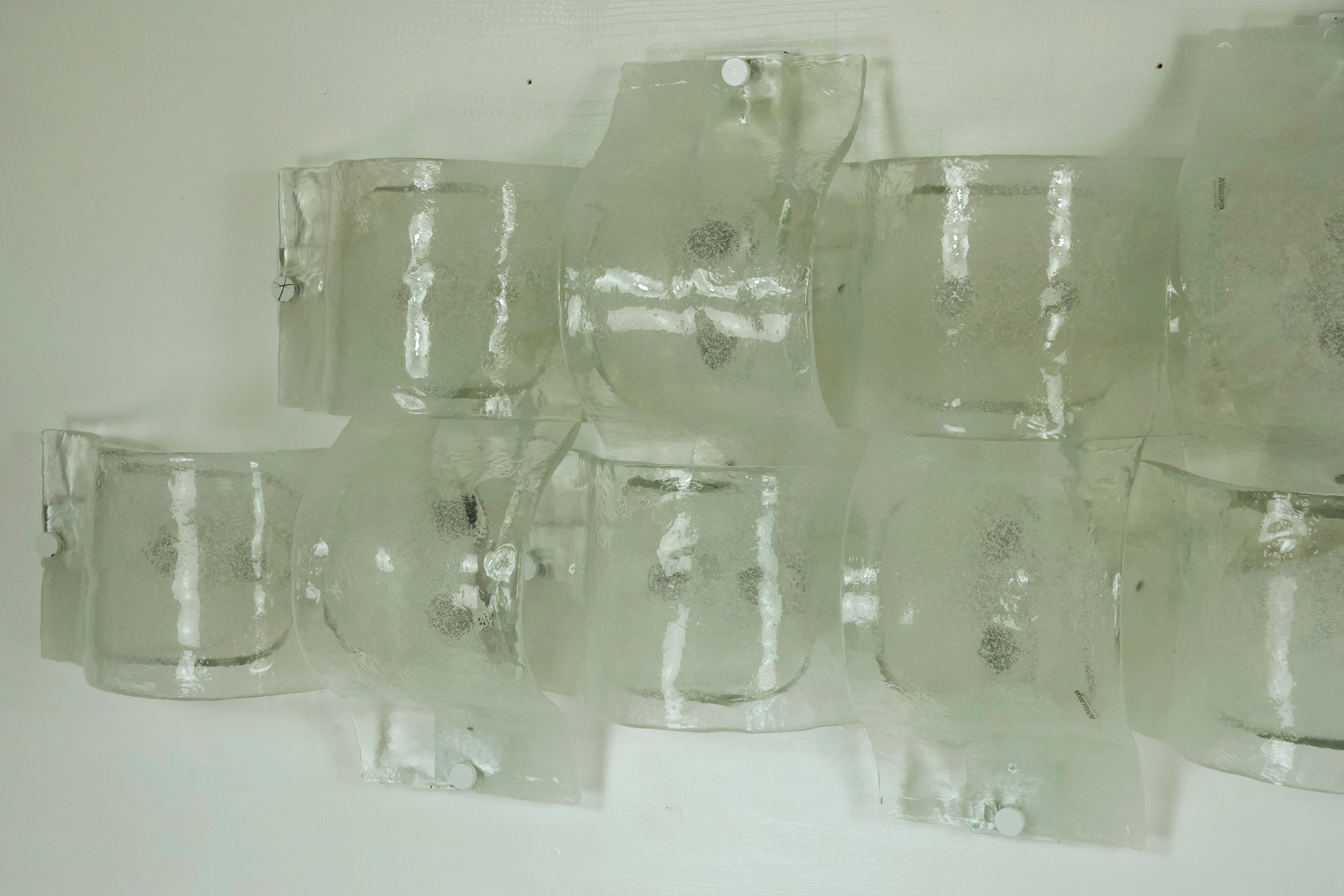 Murano Glass Rare Postmodern panel of 9 sconces in pulegoso murano glass, Mazzega 1970s For Sale