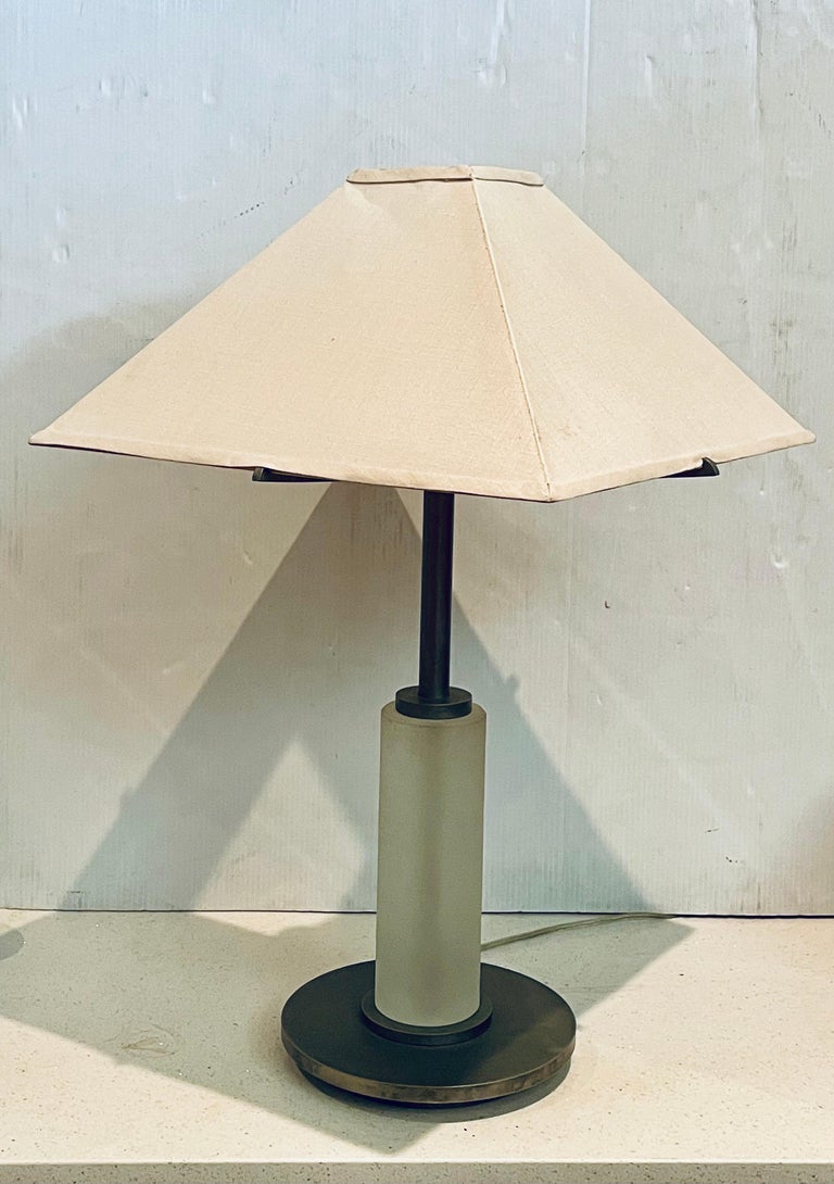 Rare Postmodern Table Lamp Steel Base and Textured Glass For Sale at 1stDibs