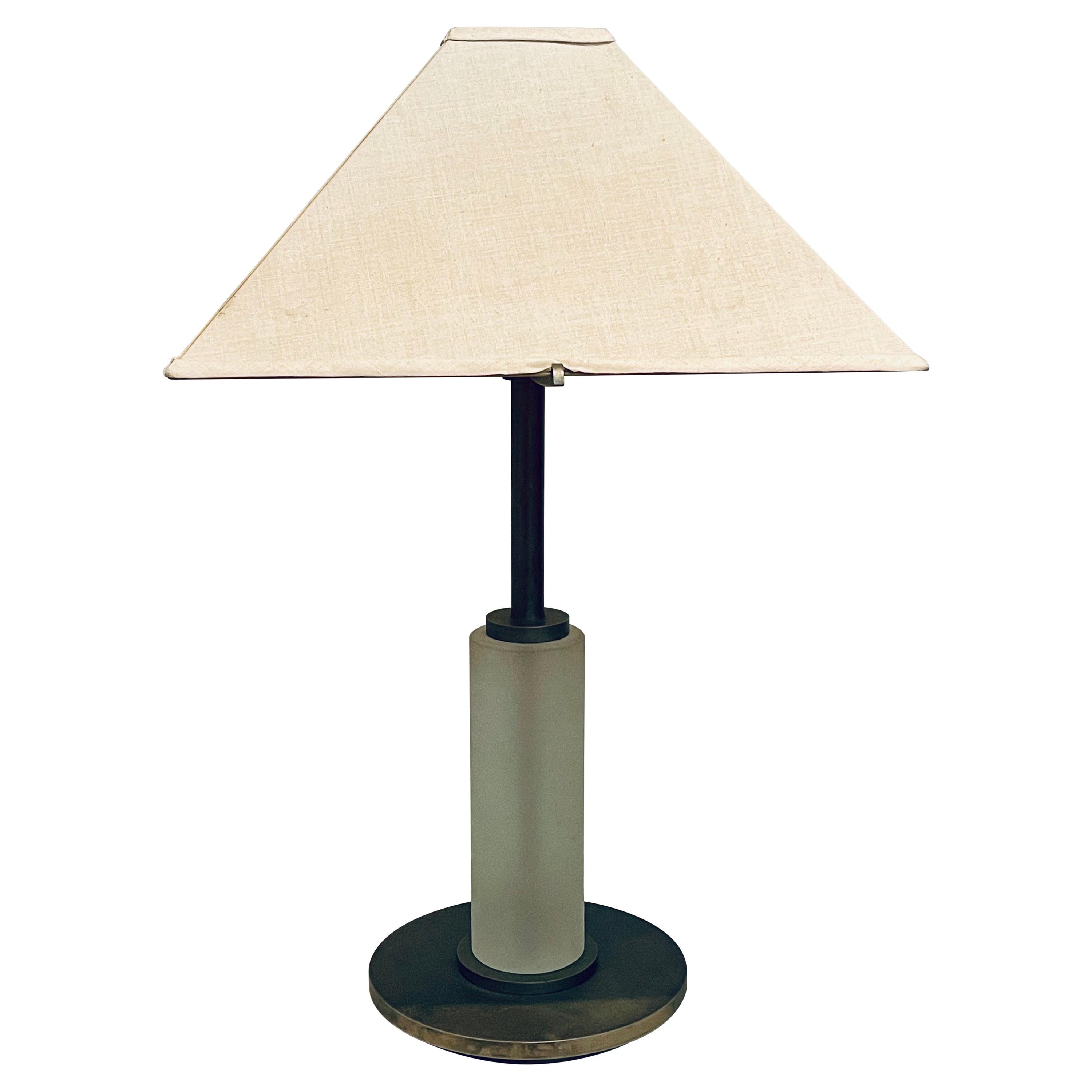 Rare Postmodern Table Lamp Steel Base & Textured Glass For Sale