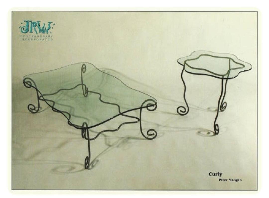 Rara mesa de centro posmoderna Wiggle de Peter Mangan, hierro y cristal, EE.UU., década de 1990 2