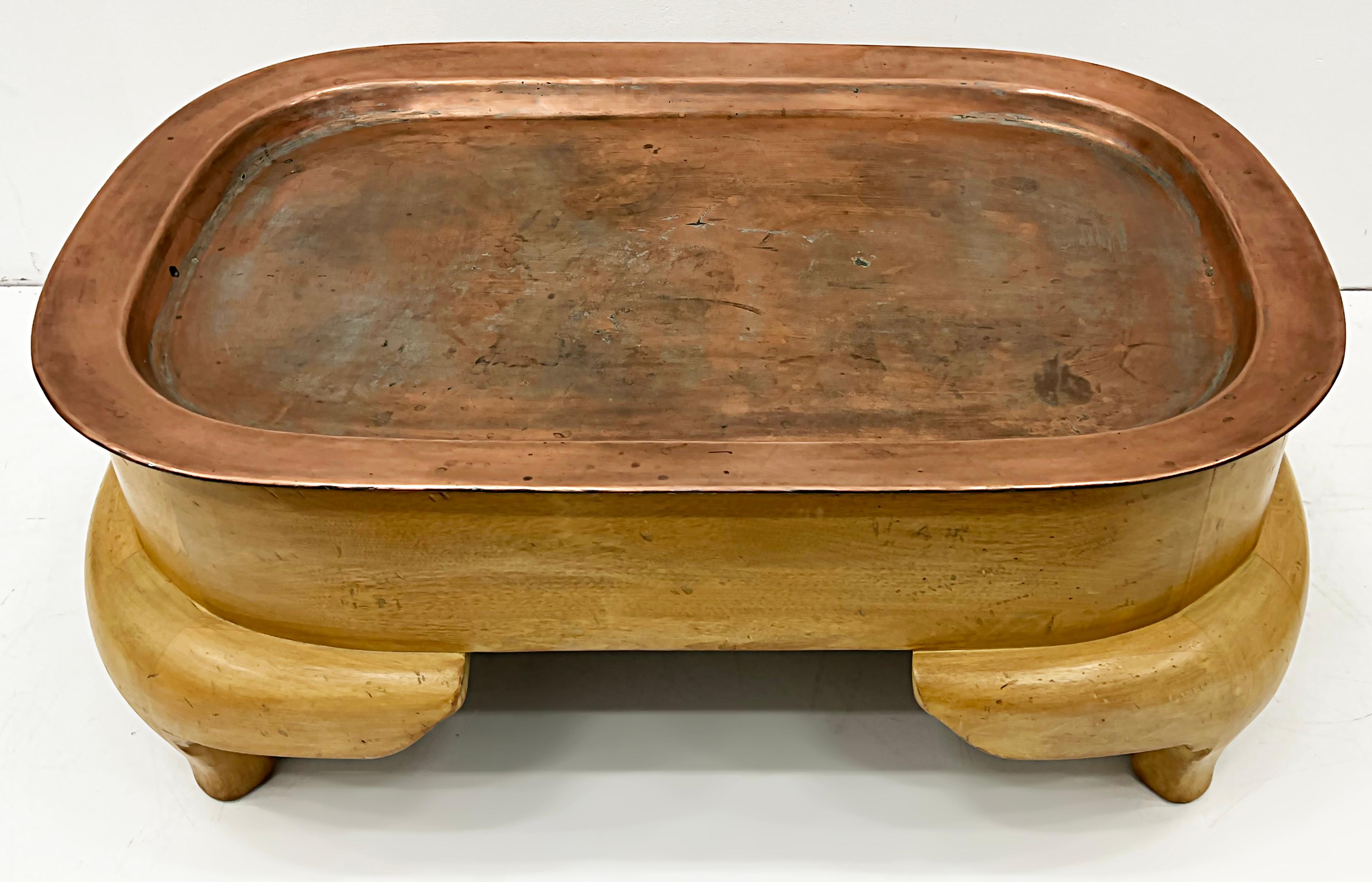 Post-Modern Rare Postmodern Wood Coffee Table with Copper Tray Top