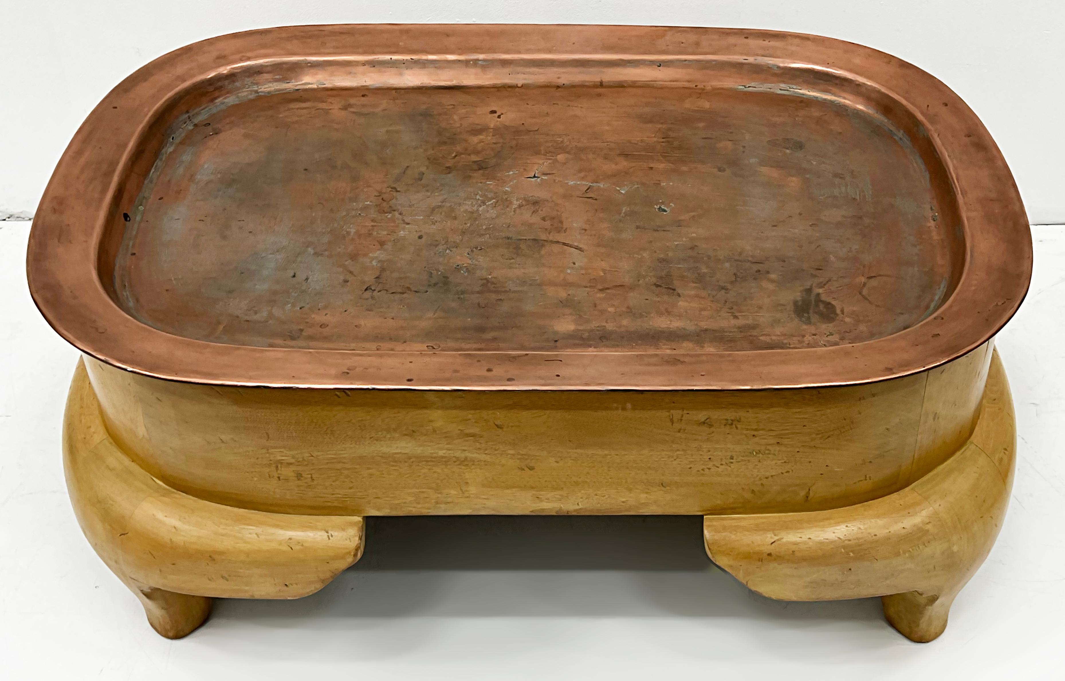 20th Century Rare Postmodern Wood Coffee Table with Copper Tray Top