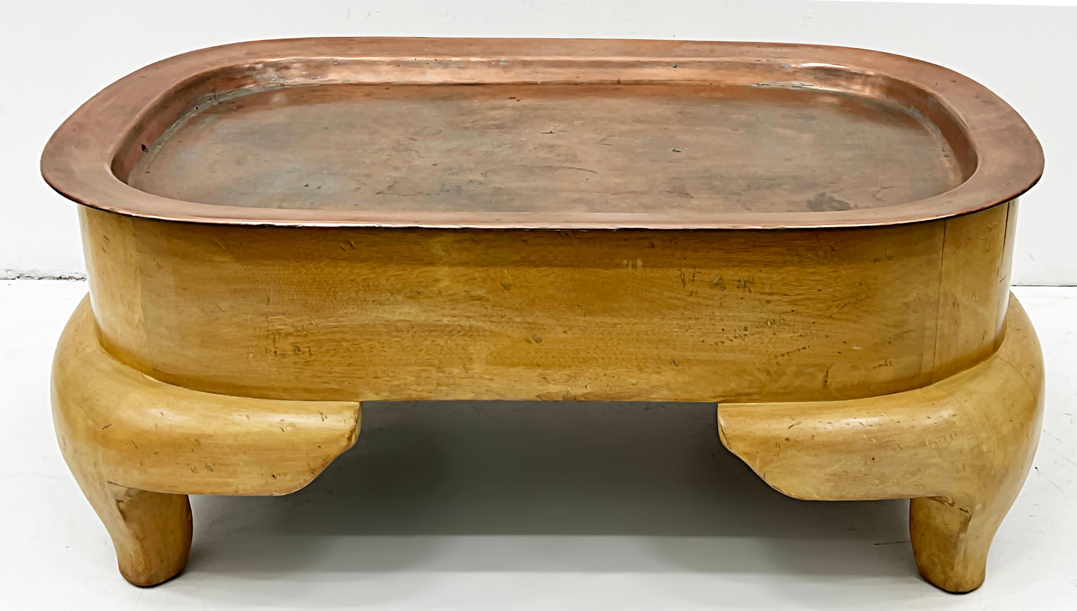Rare Postmodern Wood Coffee Table with Copper Tray Top 2