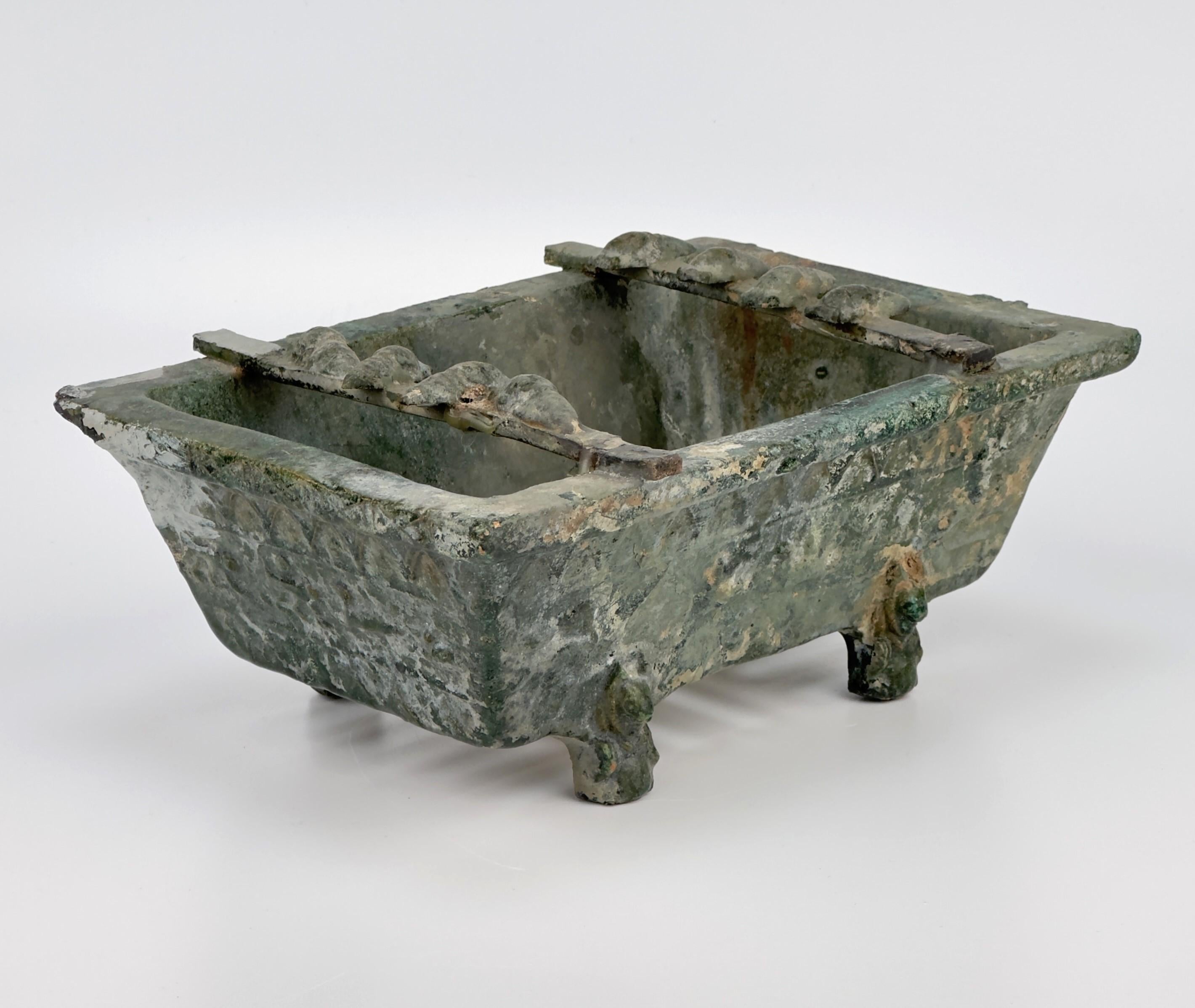 Rare Pottery Rectangular Brazier with cicadas in Green Glaze, Han Dynasty For Sale 7