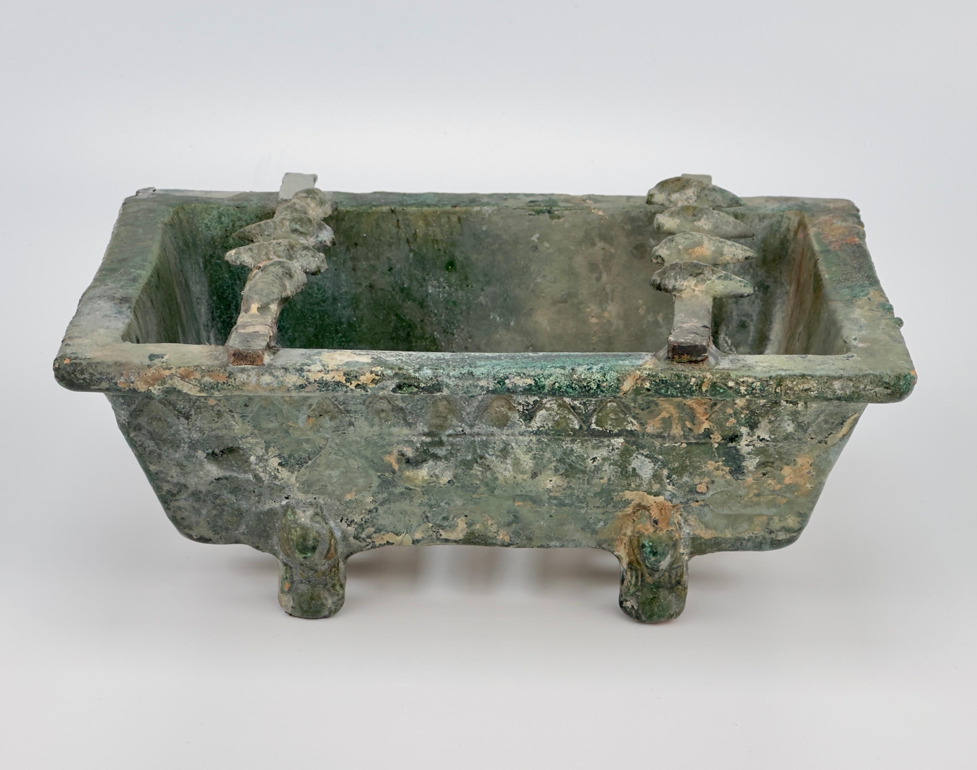 Rare Pottery Rectangular Brazier with cicadas in Green Glaze, Han Dynasty For Sale 8