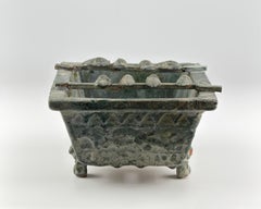 Rare Pottery Rectangular Brazier with cicadas in Green Glaze, Han Dynasty