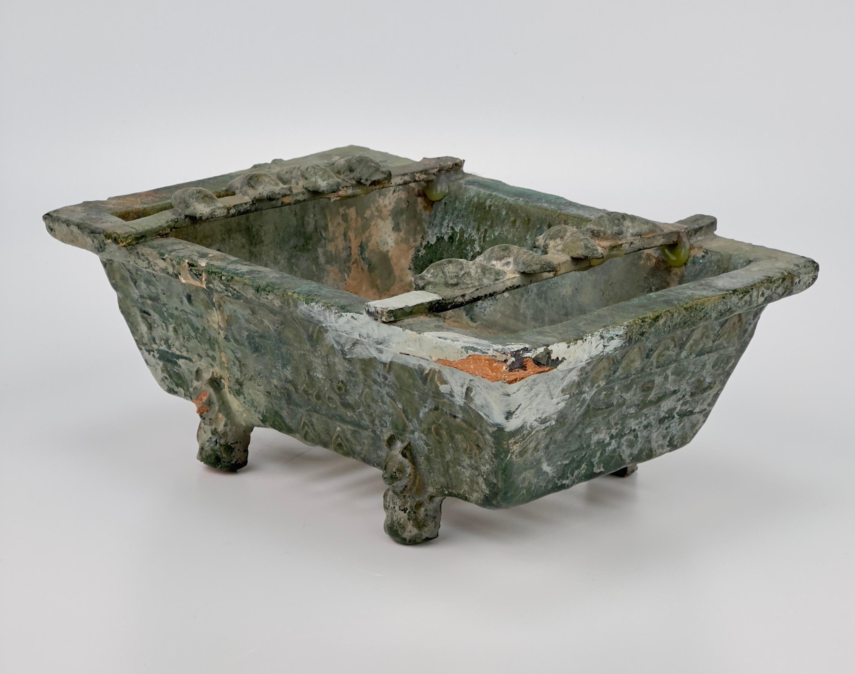 Chinese Rare Pottery Rectangular Brazier with cicadas in Green Glaze, Han Dynasty For Sale