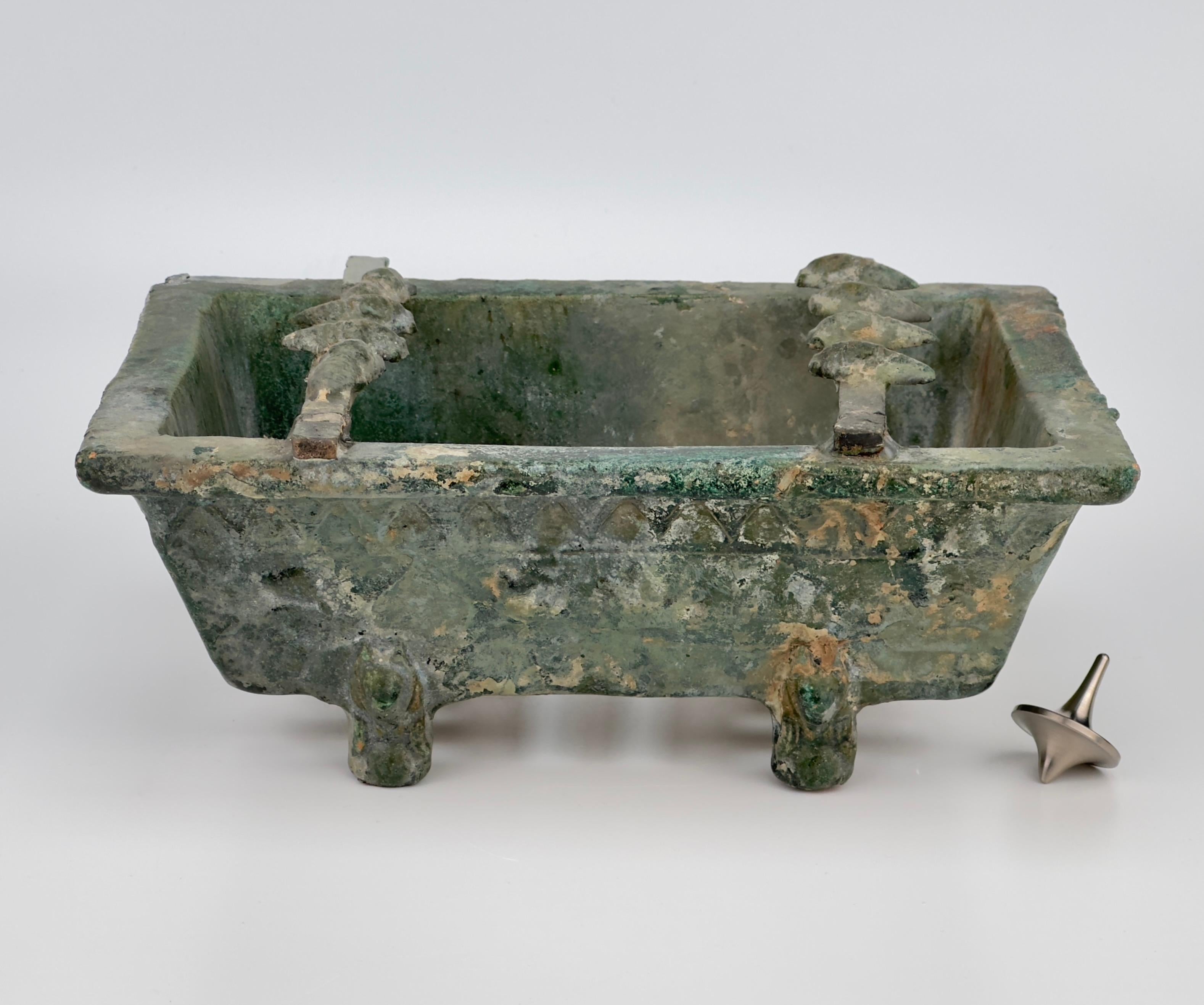 18th Century and Earlier Rare Pottery Rectangular Brazier with cicadas in Green Glaze, Han Dynasty For Sale