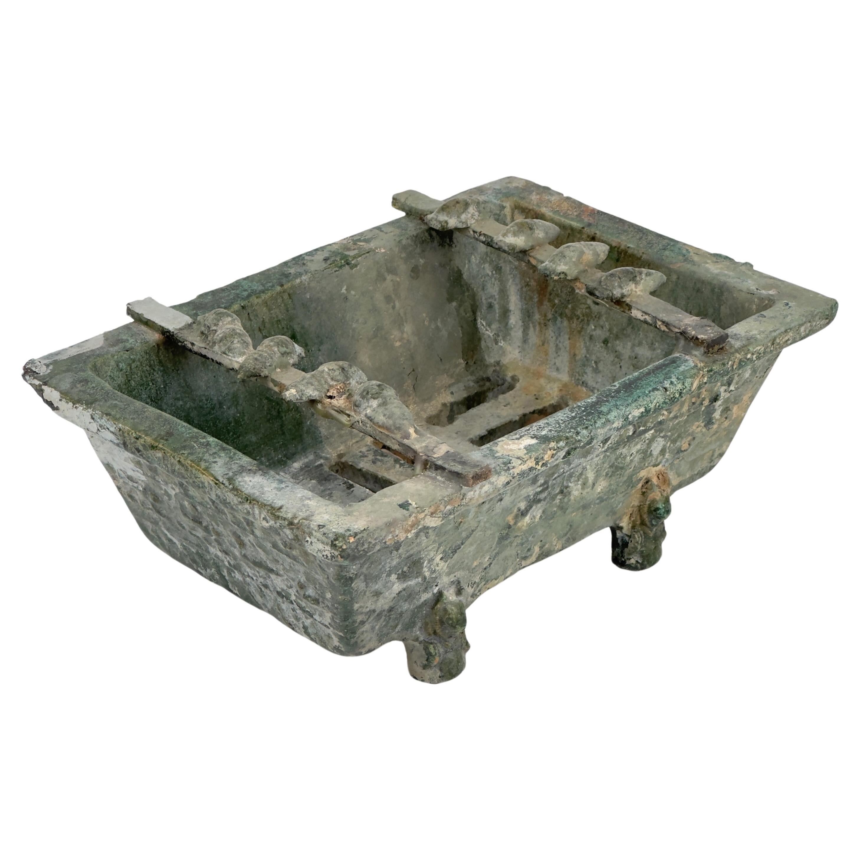 Rare Pottery Rectangular Brazier with cicadas in Green Glaze, Han Dynasty For Sale