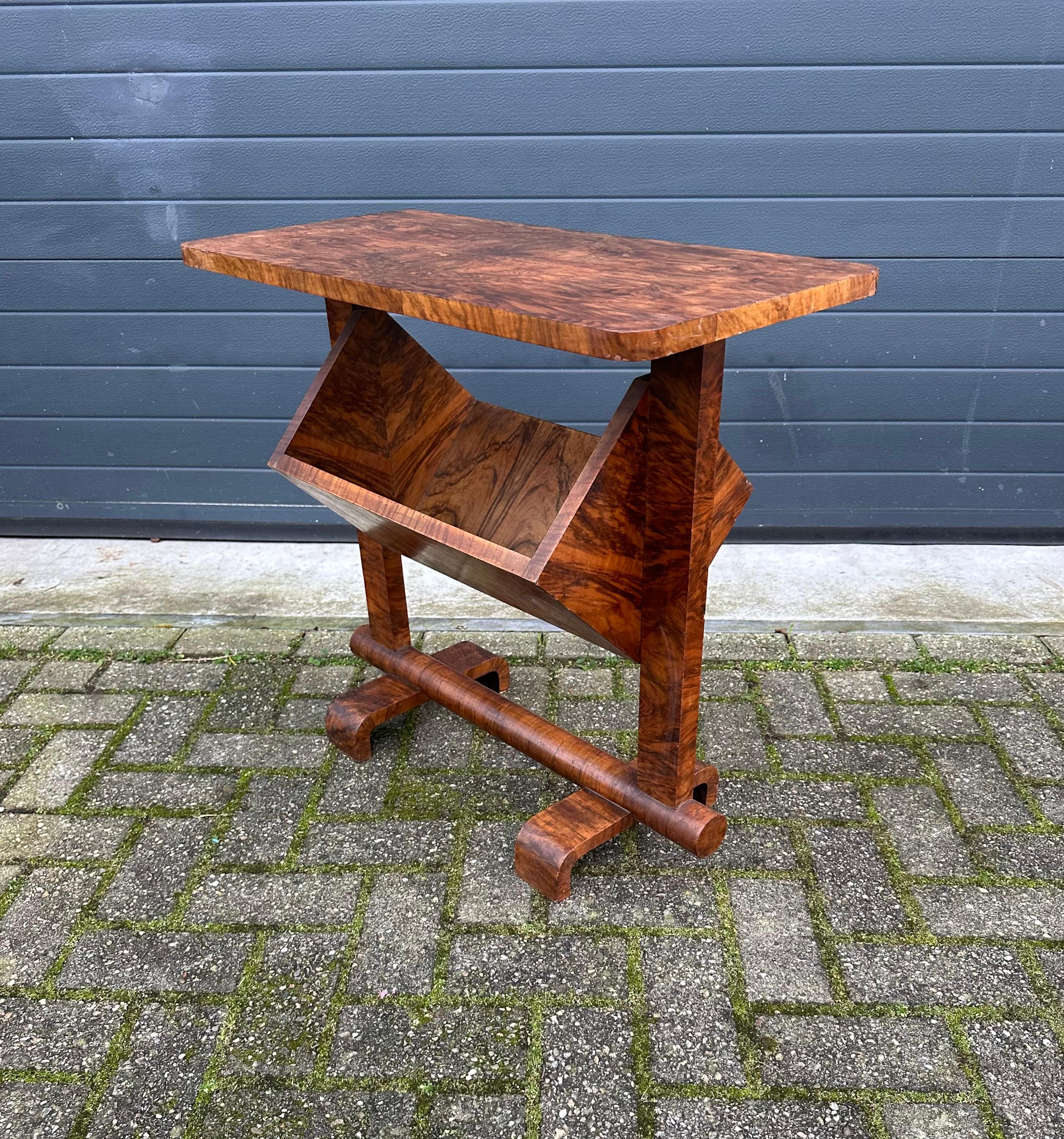 European Rare & Practical Art Deco Burl Walnut Wood End or Side Table / Book Trough 1920