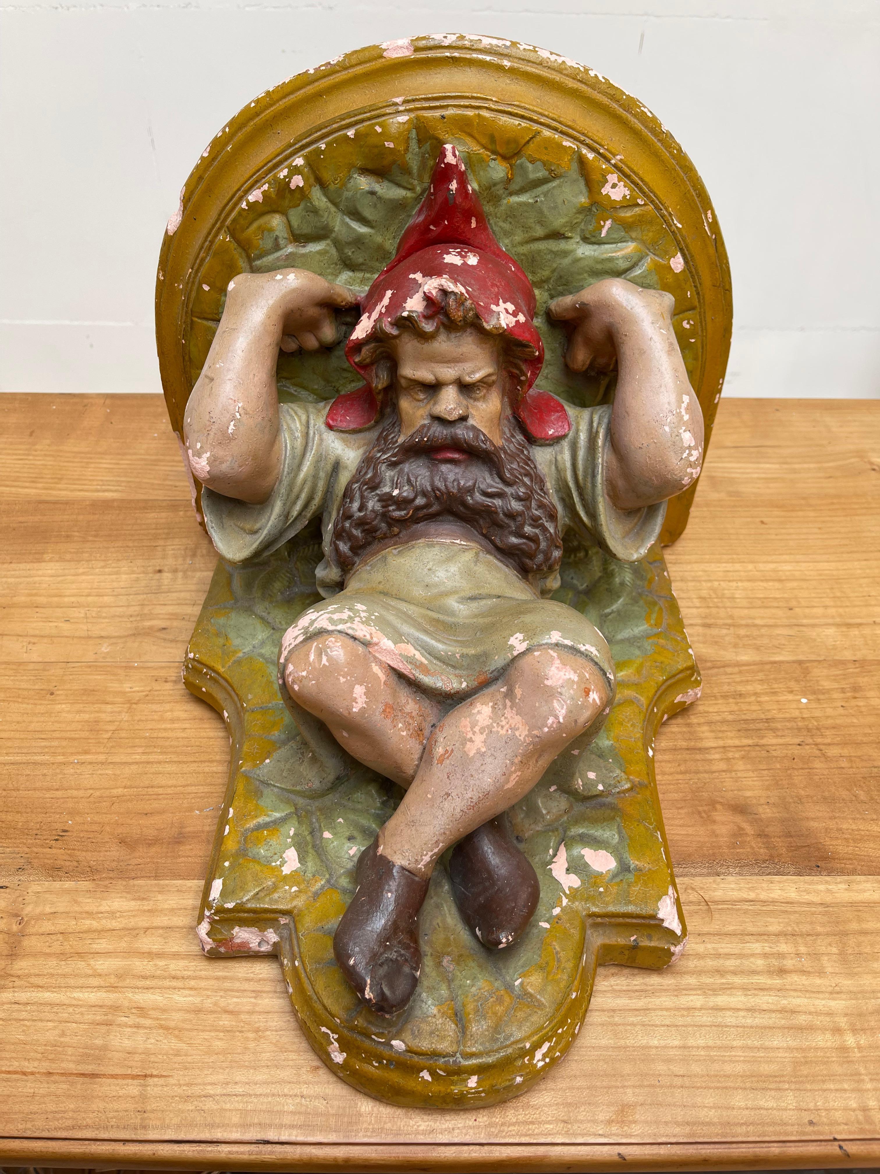 Rare & Practical Size Antique Hand Painted Gnome Sculpture Wall Bracket or Shelf For Sale 3