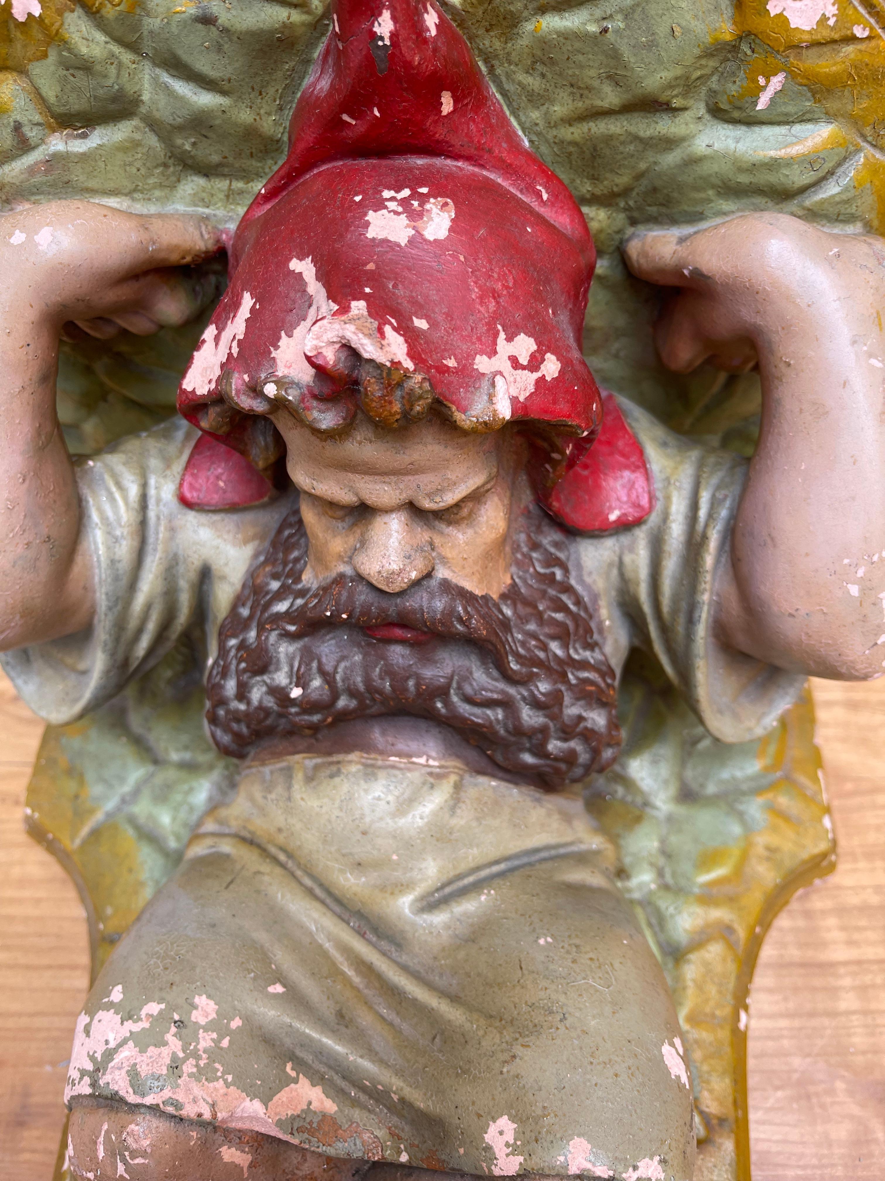 Rare & Practical Size Antique Hand Painted Gnome Sculpture Wall Bracket or Shelf For Sale 4