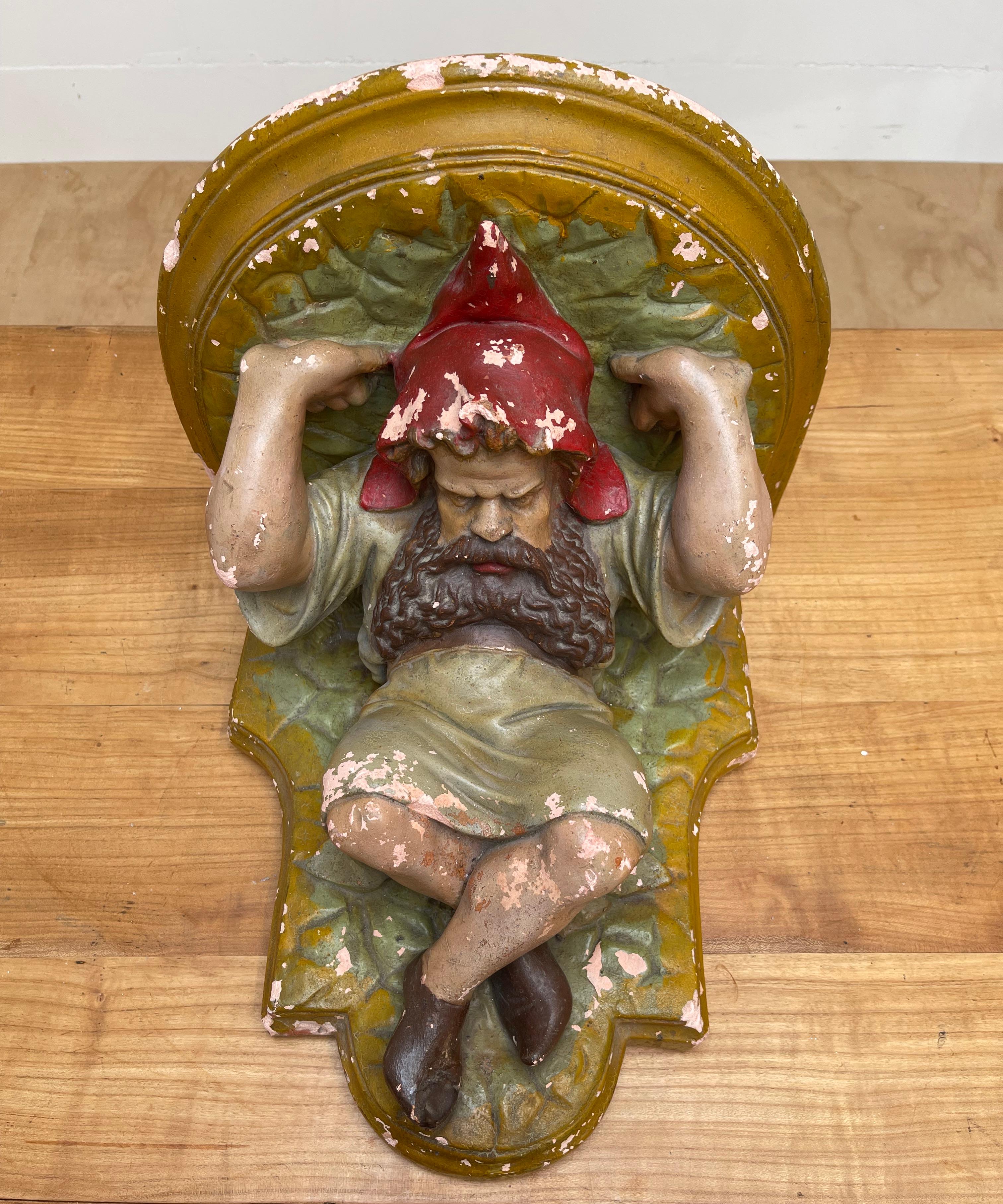 Rare & Practical Size Antique Hand Painted Gnome Sculpture Wall Bracket or Shelf For Sale 7