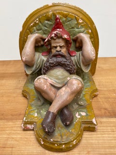 Rare & Practical Size Antique Hand Painted Gnome Sculpture Wall Bracket or Shelf