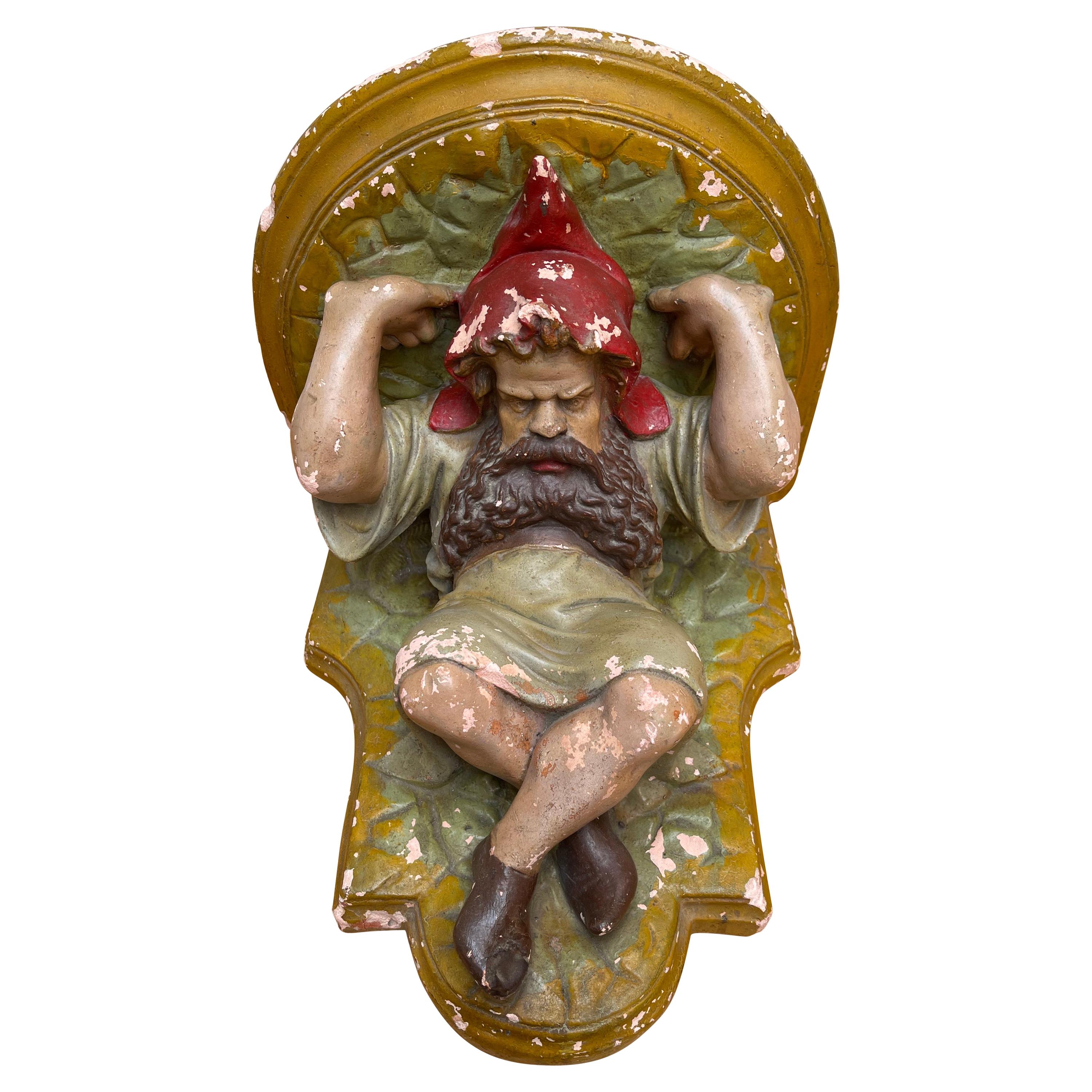 Rare & Practical Size Antique Hand Painted Gnome Sculpture Wall Bracket or Shelf For Sale