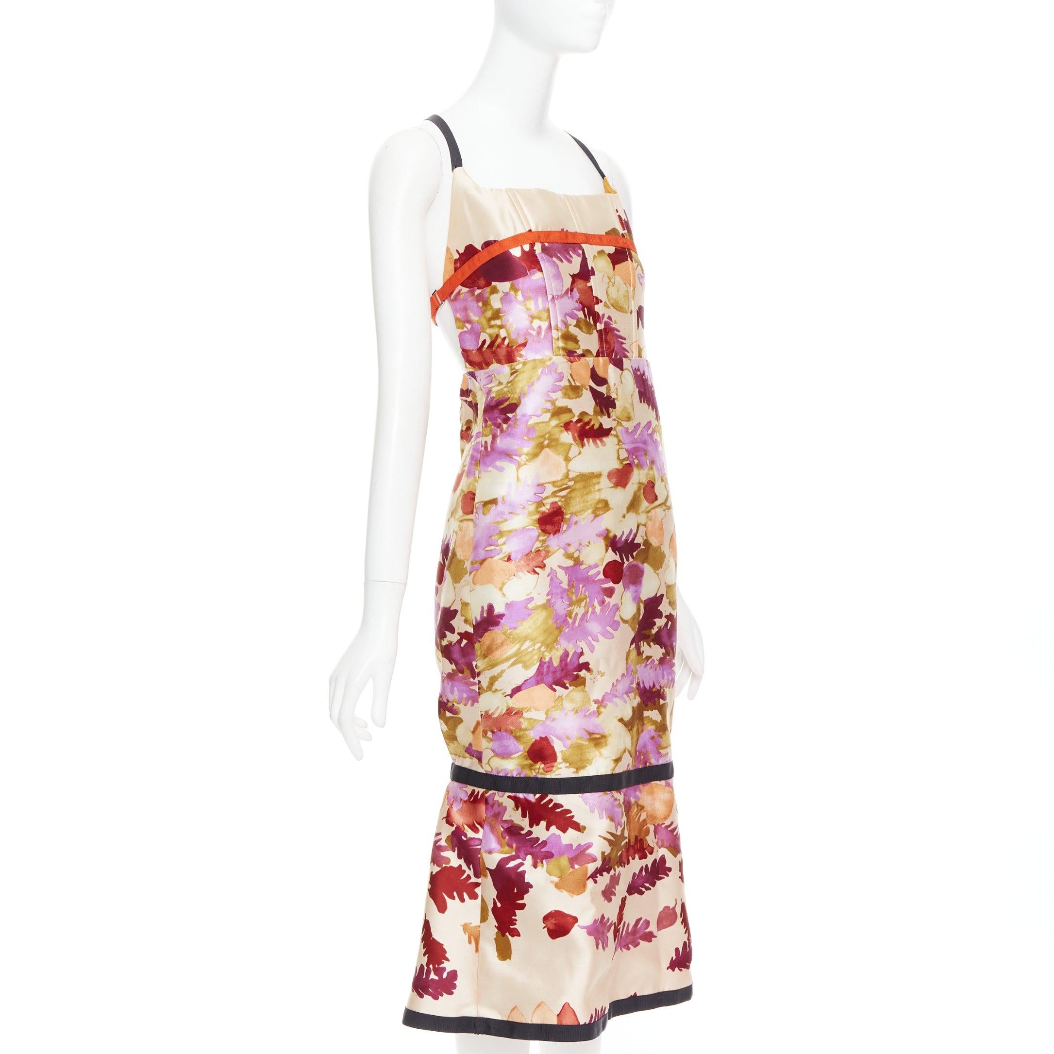 raro PRADA 1999 Pasarela Vintage neopreno duquesa seda floral bondage vestido IT38 Beige en venta