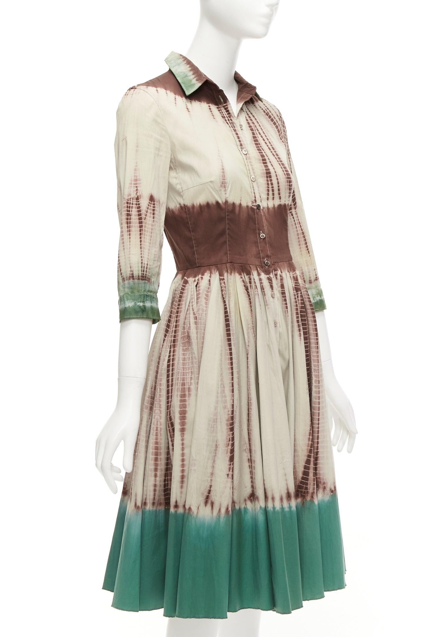 rare PRADA 2004 Runway famous brown green dip dye cotton shirt dress IT38 XS In Excellent Condition In Hong Kong, NT