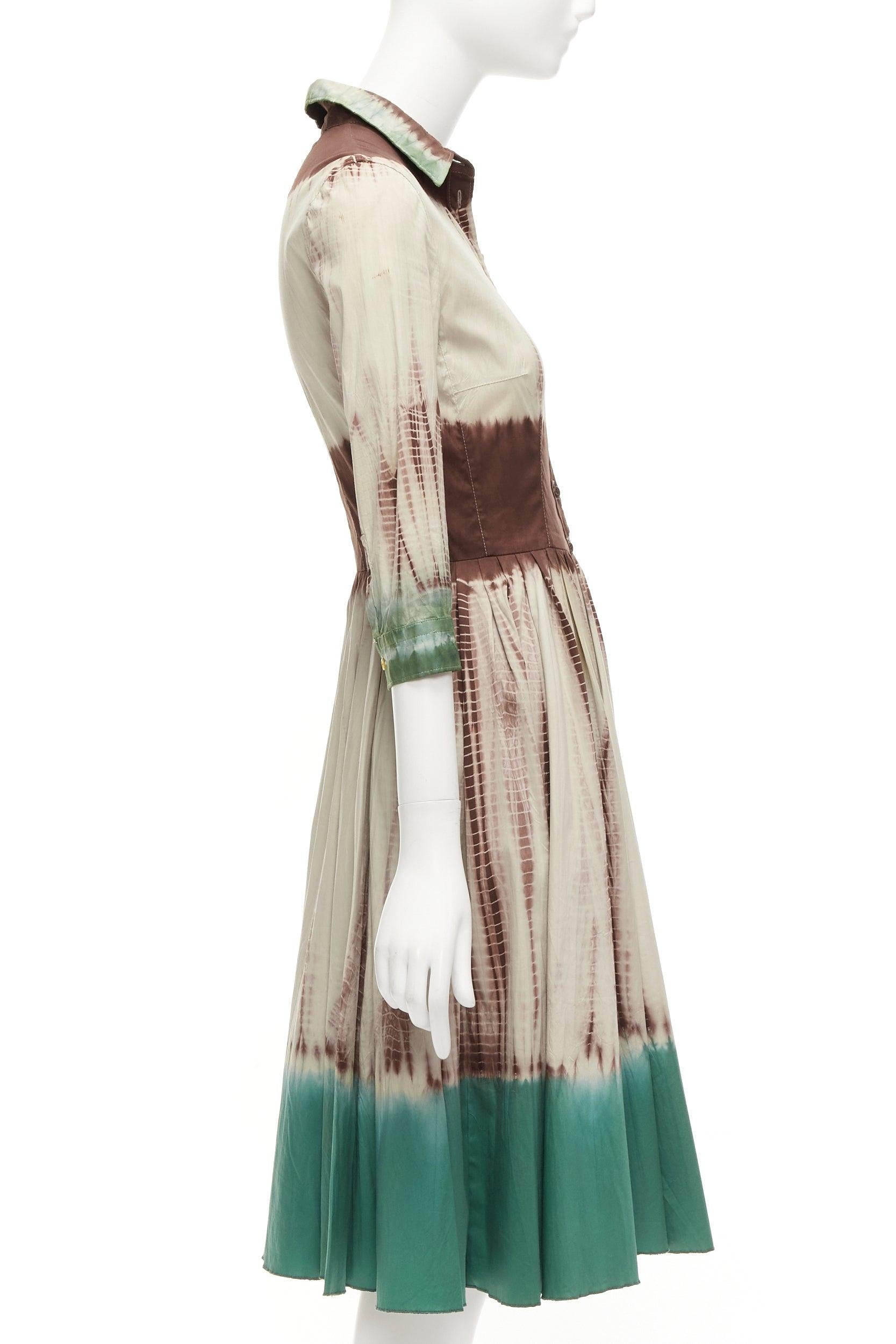 Women's rare PRADA 2004 Runway famous brown green dip dye cotton shirt dress IT38 XS
