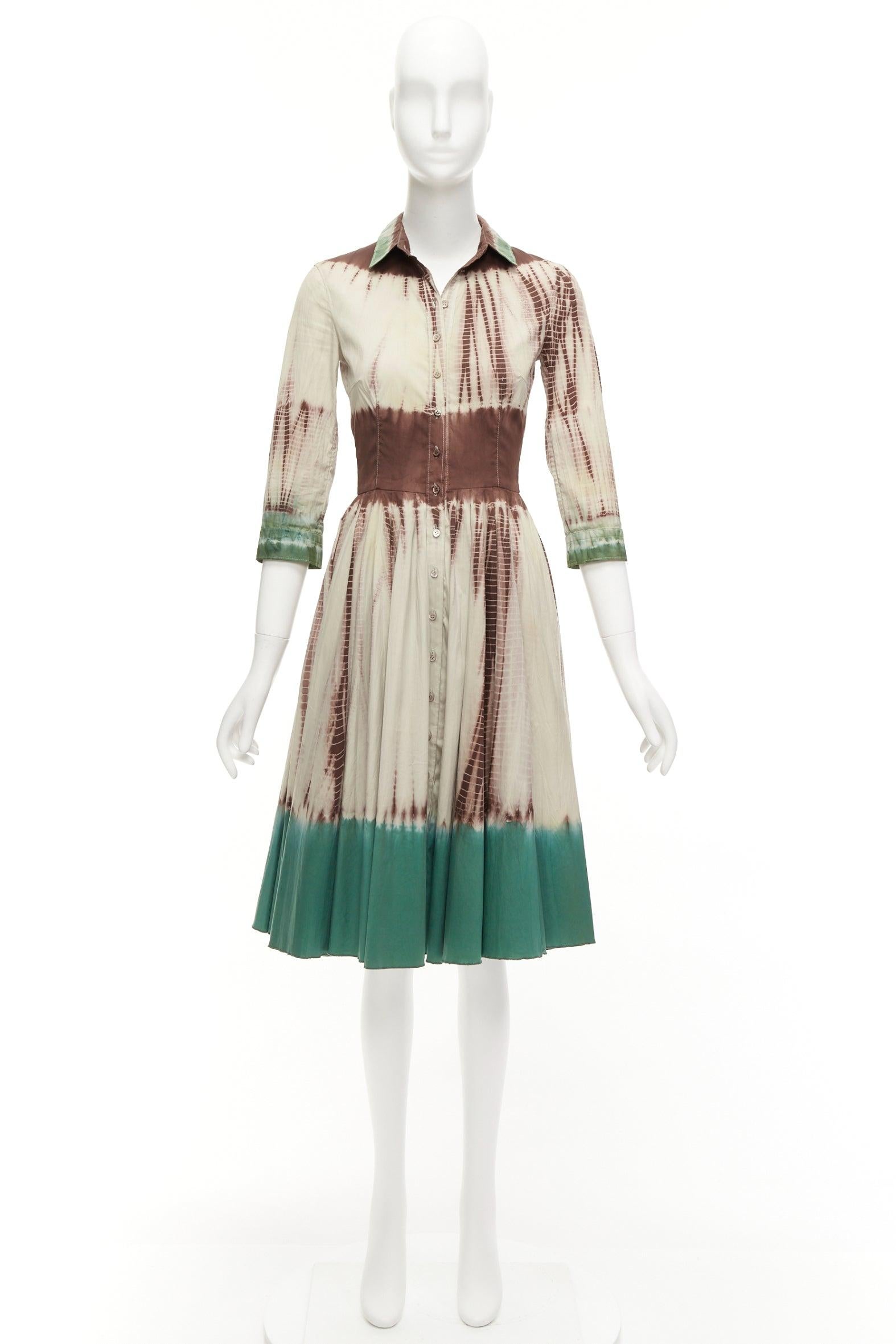 rare PRADA 2004 Runway famous brown green dip dye cotton shirt dress IT38 XS 5