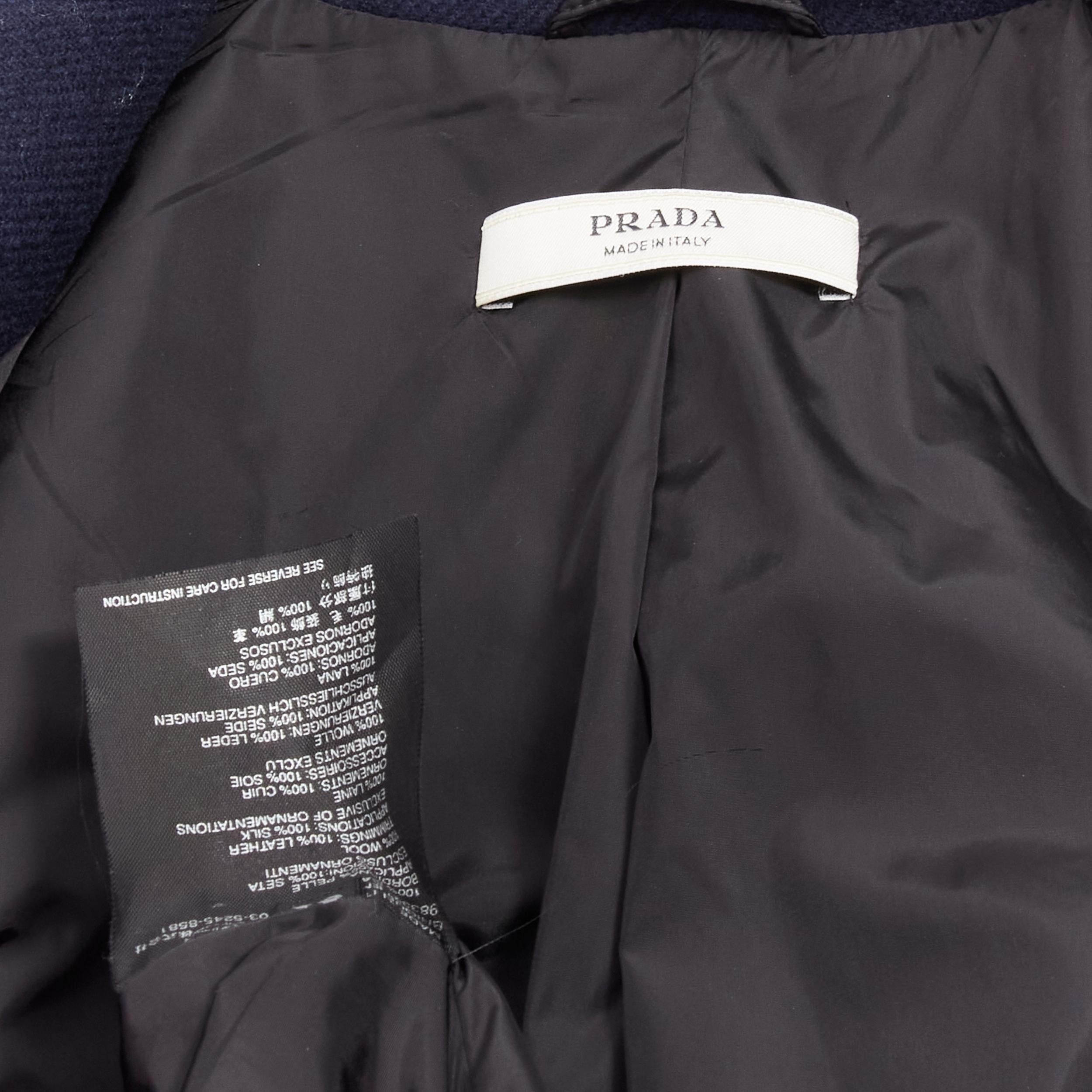 raro Prada 2004 Runway navy wool grommet leather longline officer coat IT36 XXS in vendita 5