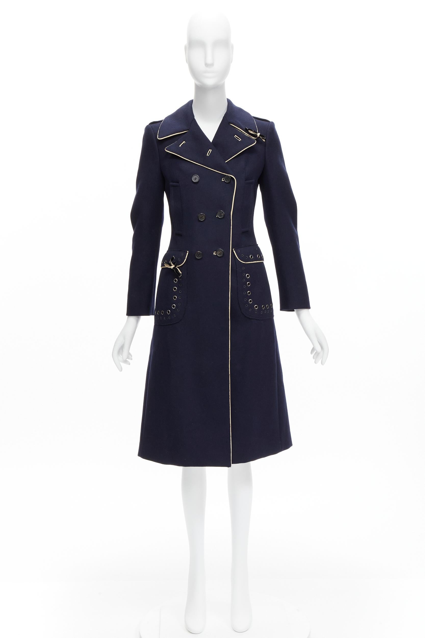 raro Prada 2004 Runway navy wool grommet leather longline officer coat IT36 XXS in vendita 6