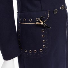 rare PRADA 2004 Runway navy wool grommet leather longline officer coat IT36 XXS