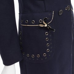rare PRADA 2004 Runway navy wool grommet leather longline officer coat IT36 XXS