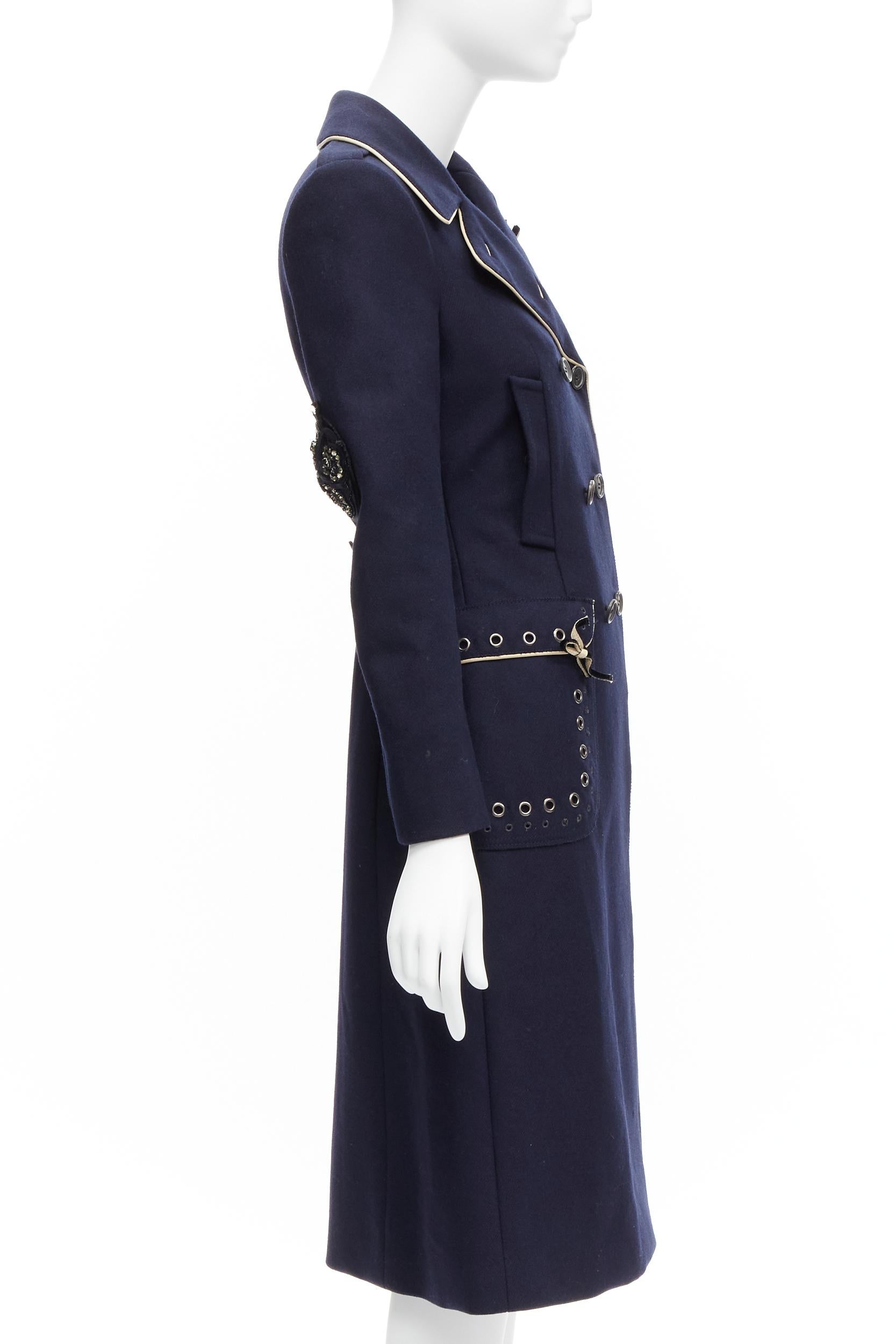 Donna raro Prada 2004 Runway navy wool grommet leather longline officer coat IT36 XXS in vendita
