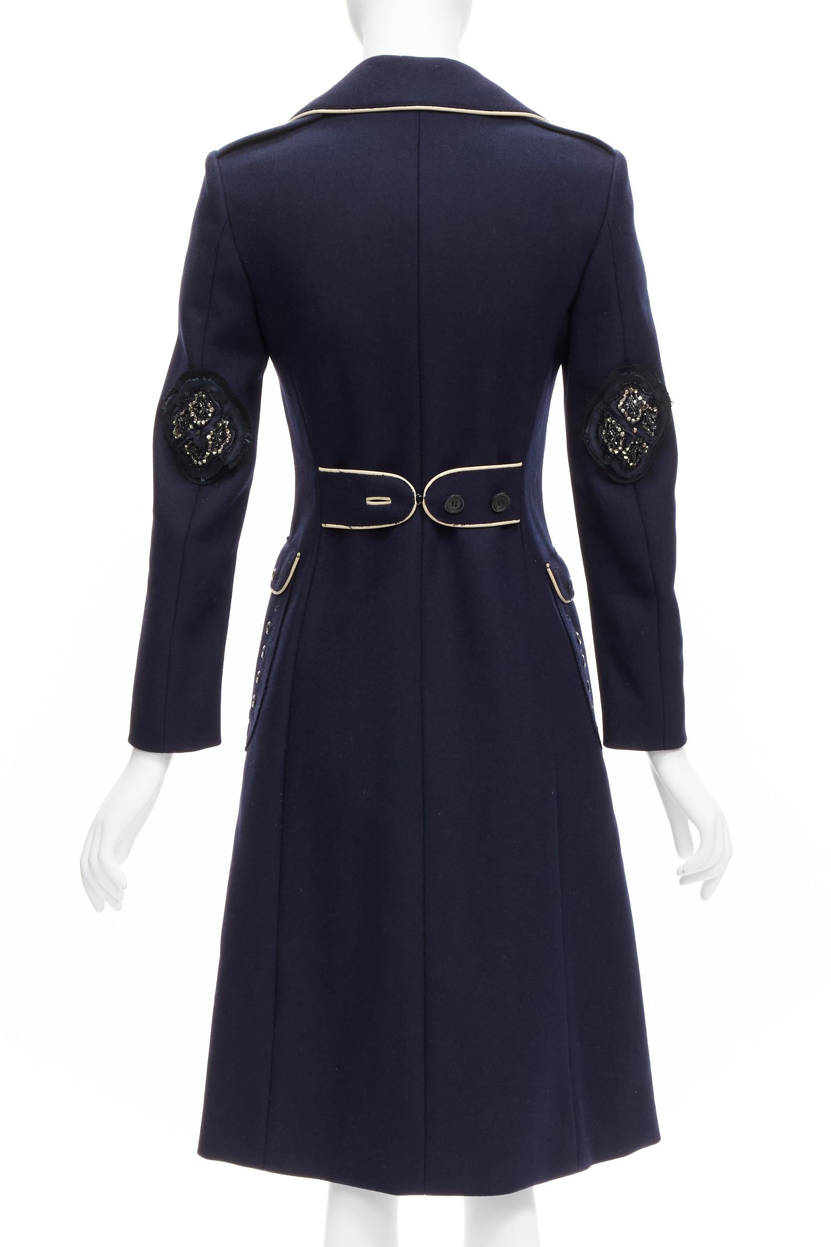 raro Prada 2004 Runway navy wool grommet leather longline officer coat IT36 XXS in vendita 1