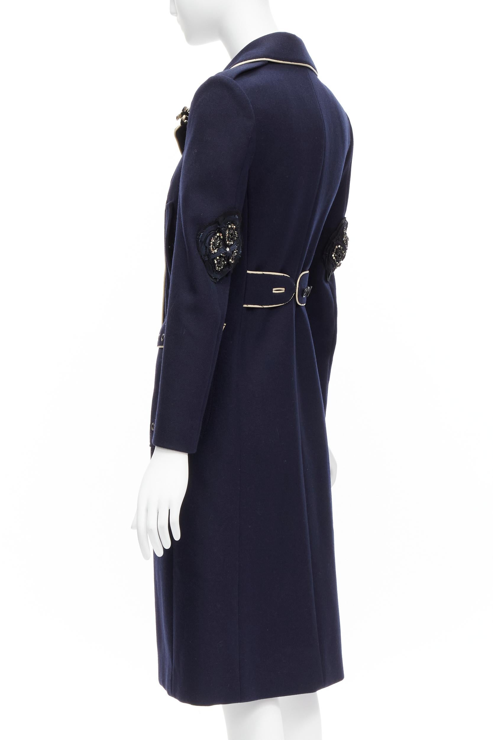 raro Prada 2004 Runway navy wool grommet leather longline officer coat IT36 XXS in vendita 2