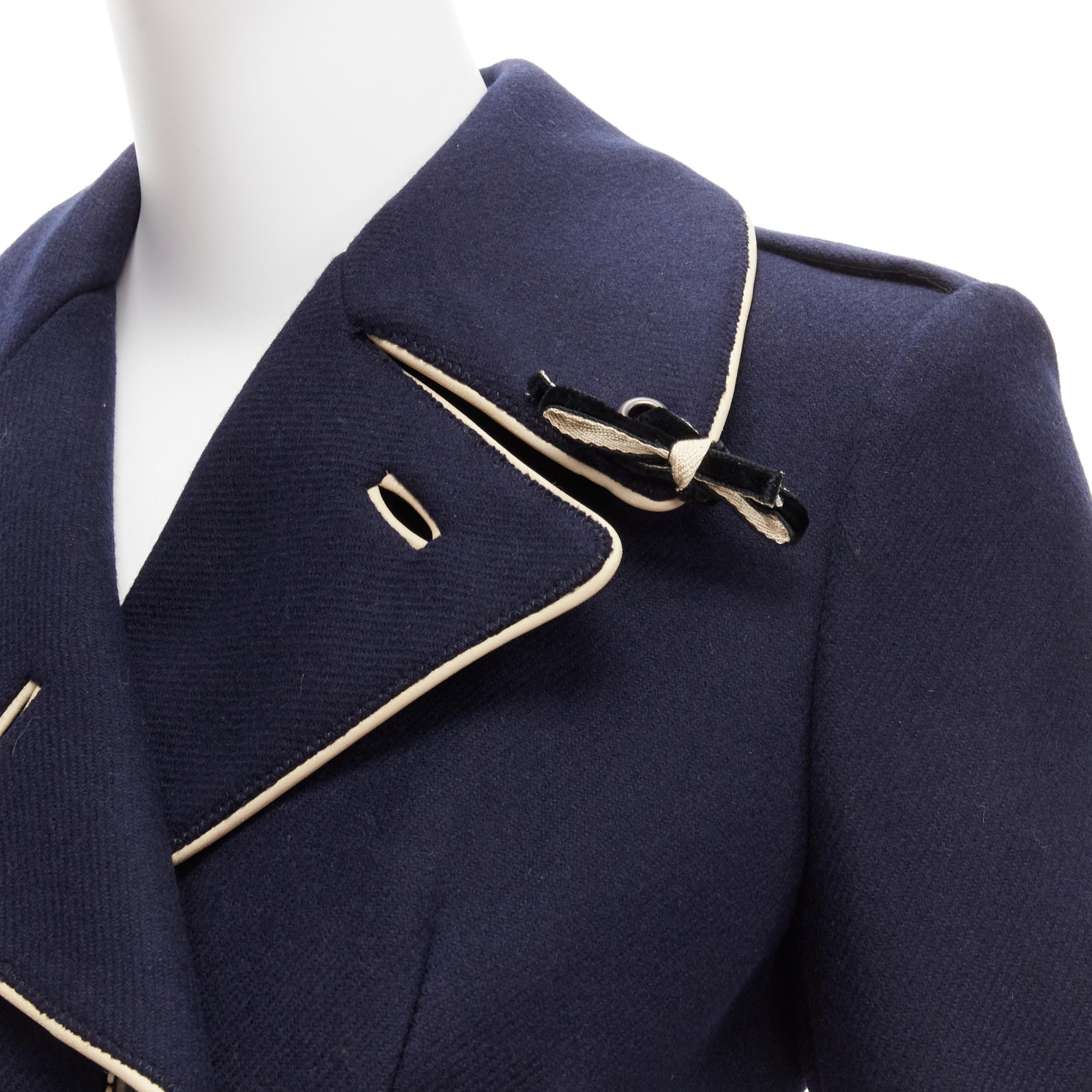 raro Prada 2004 Runway navy wool grommet leather longline officer coat IT36 XXS in vendita 3