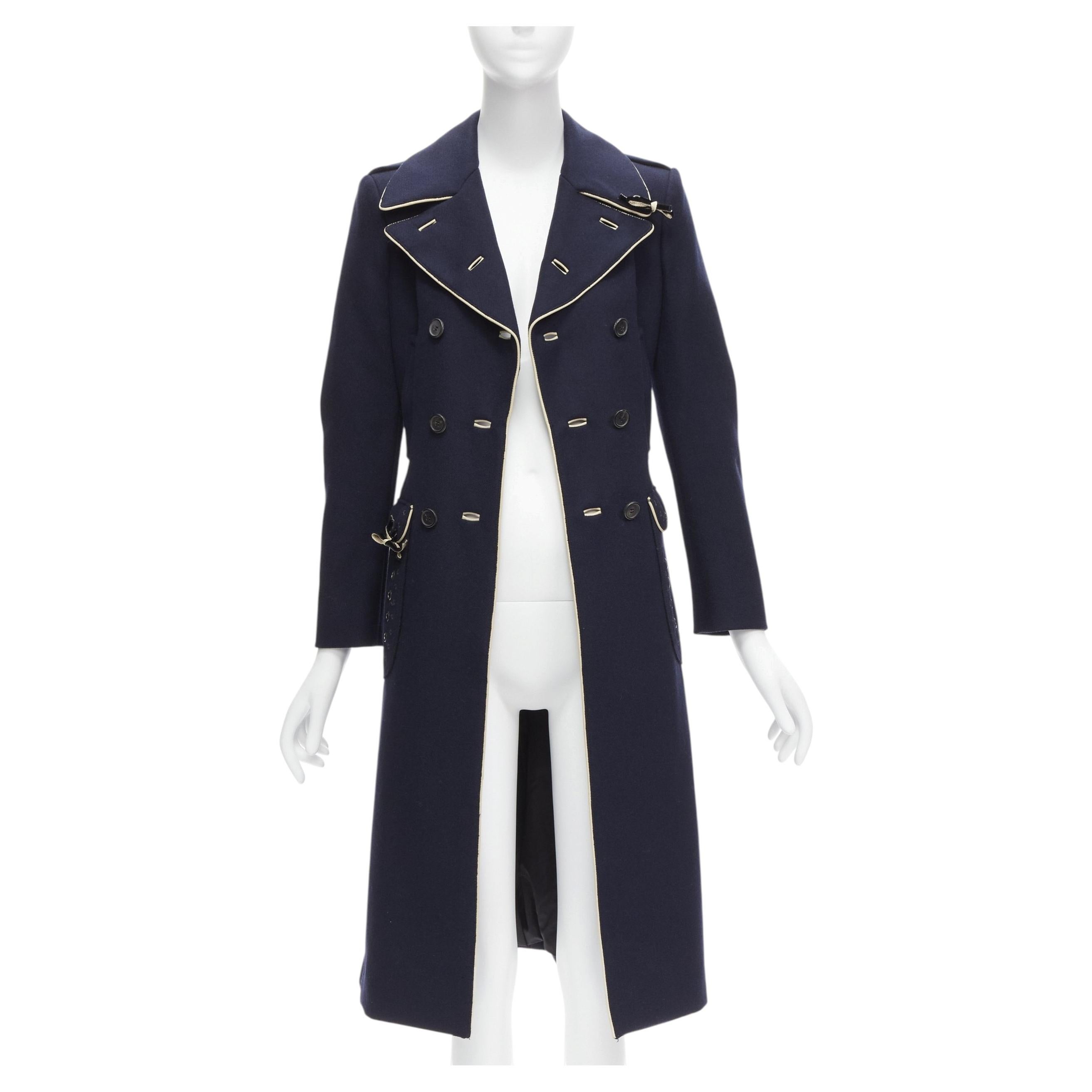 raro Prada 2004 Runway navy wool grommet leather longline officer coat IT36 XXS in vendita